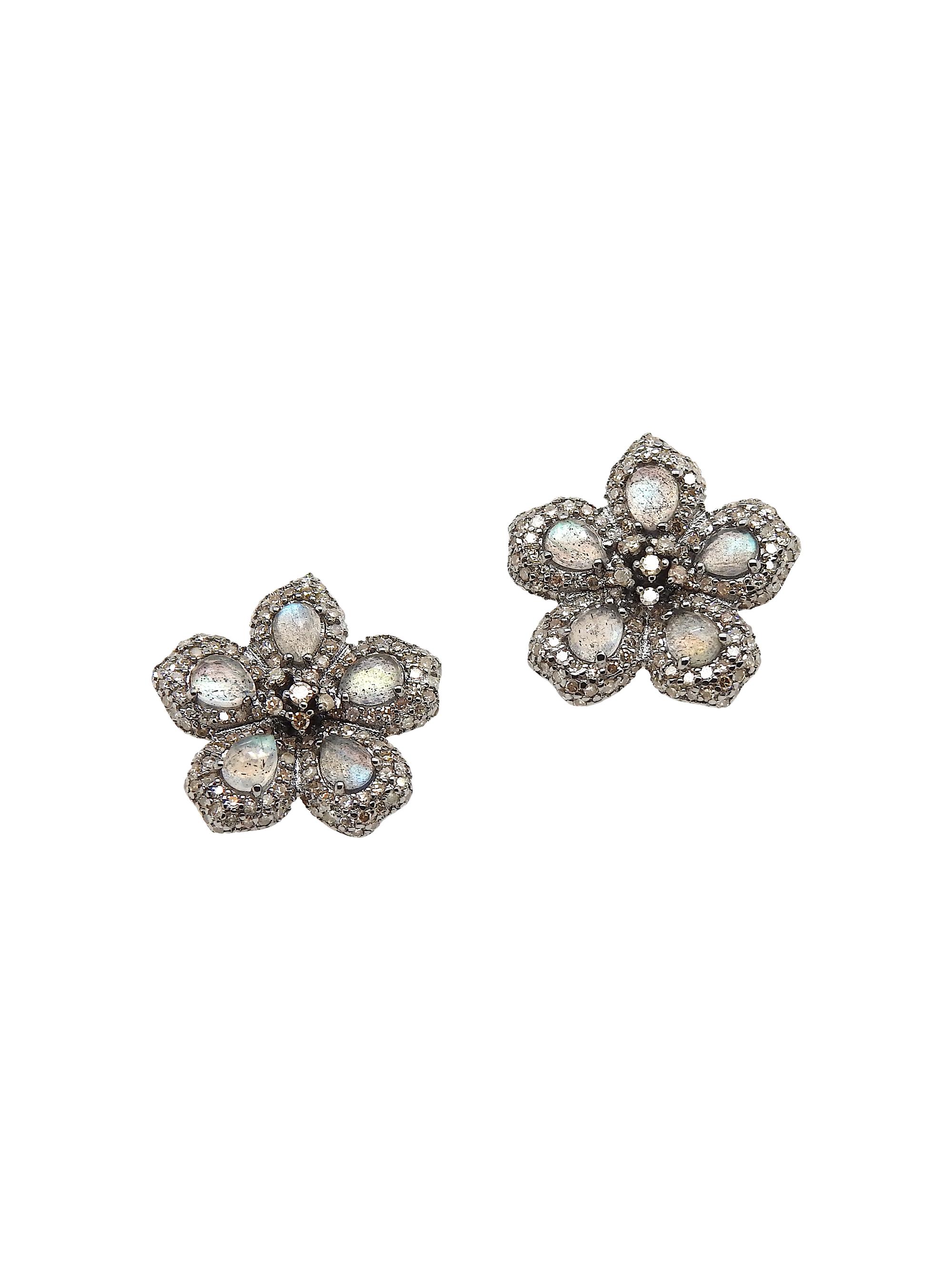 Nina Gilin Women's Black Rhodium-Plated, Labradorite & Diamond Flower Cluster Stud Earrings - Diamond