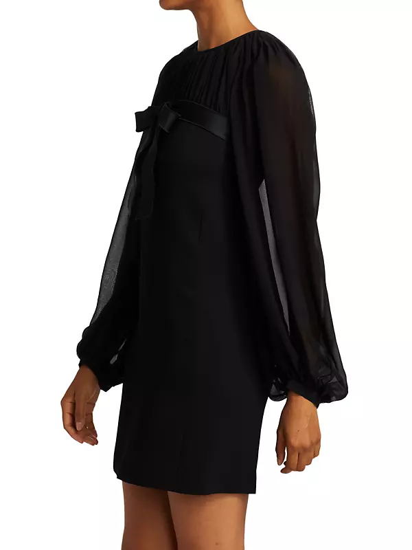 Bow Front Sheer-Sleeve Mini Dress