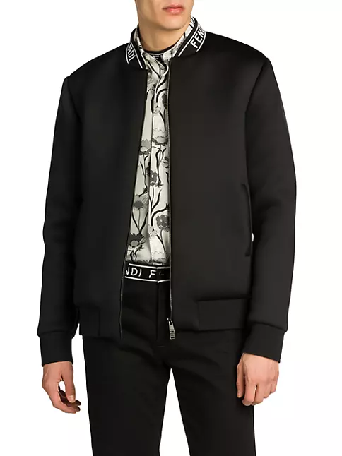 Fendi black bomber jacket with collar logo worn by Cane Tejada