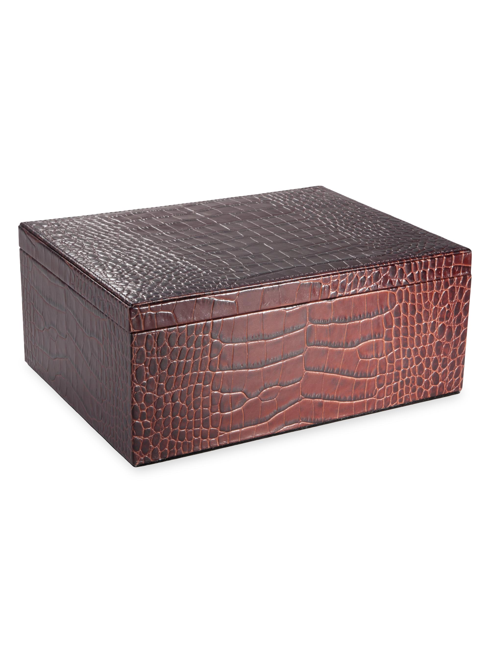Graphic Image Large Croc-Embossed Leather Box - Brown