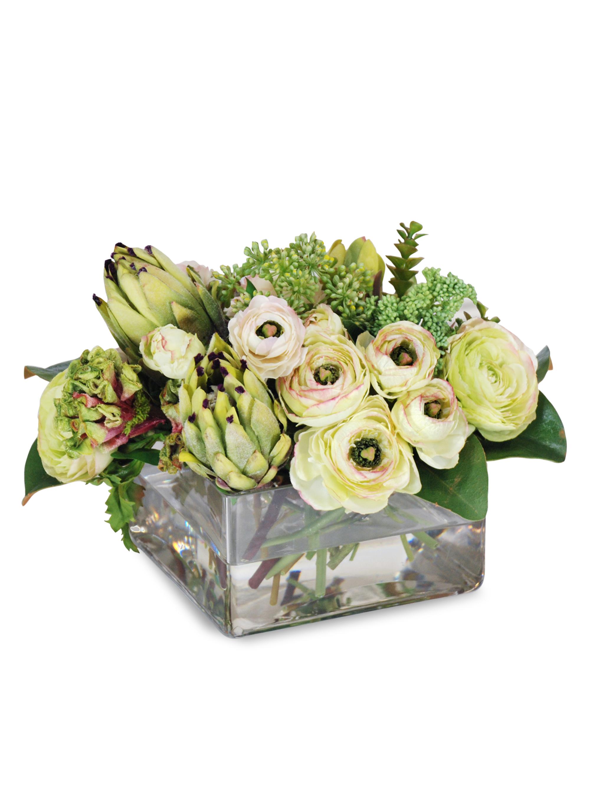 Winward Home Everyday Floral Imitation Protea & Ranunculus Blossoms In Glass Vase