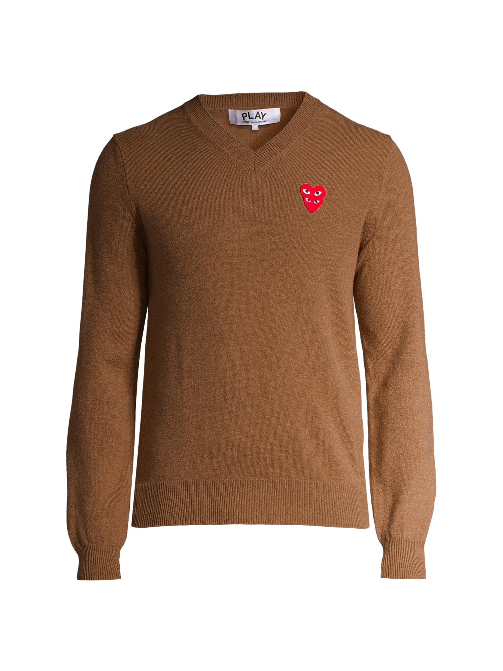 Comme des Garçons PLAY Men's Play Double Heart V-Neck Pullover - Brown