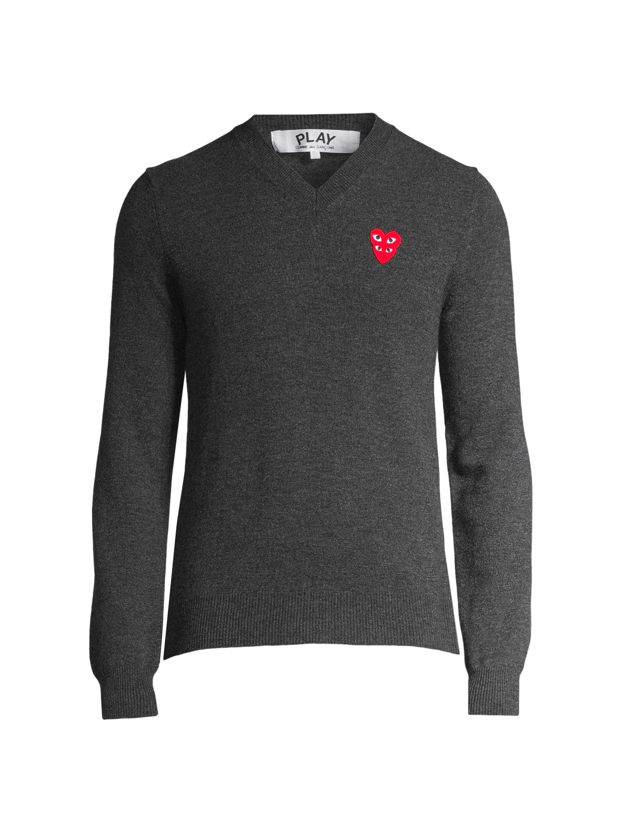 Comme des Garçons PLAY Men's Play Double Heart V-Neck Pullover - Grey