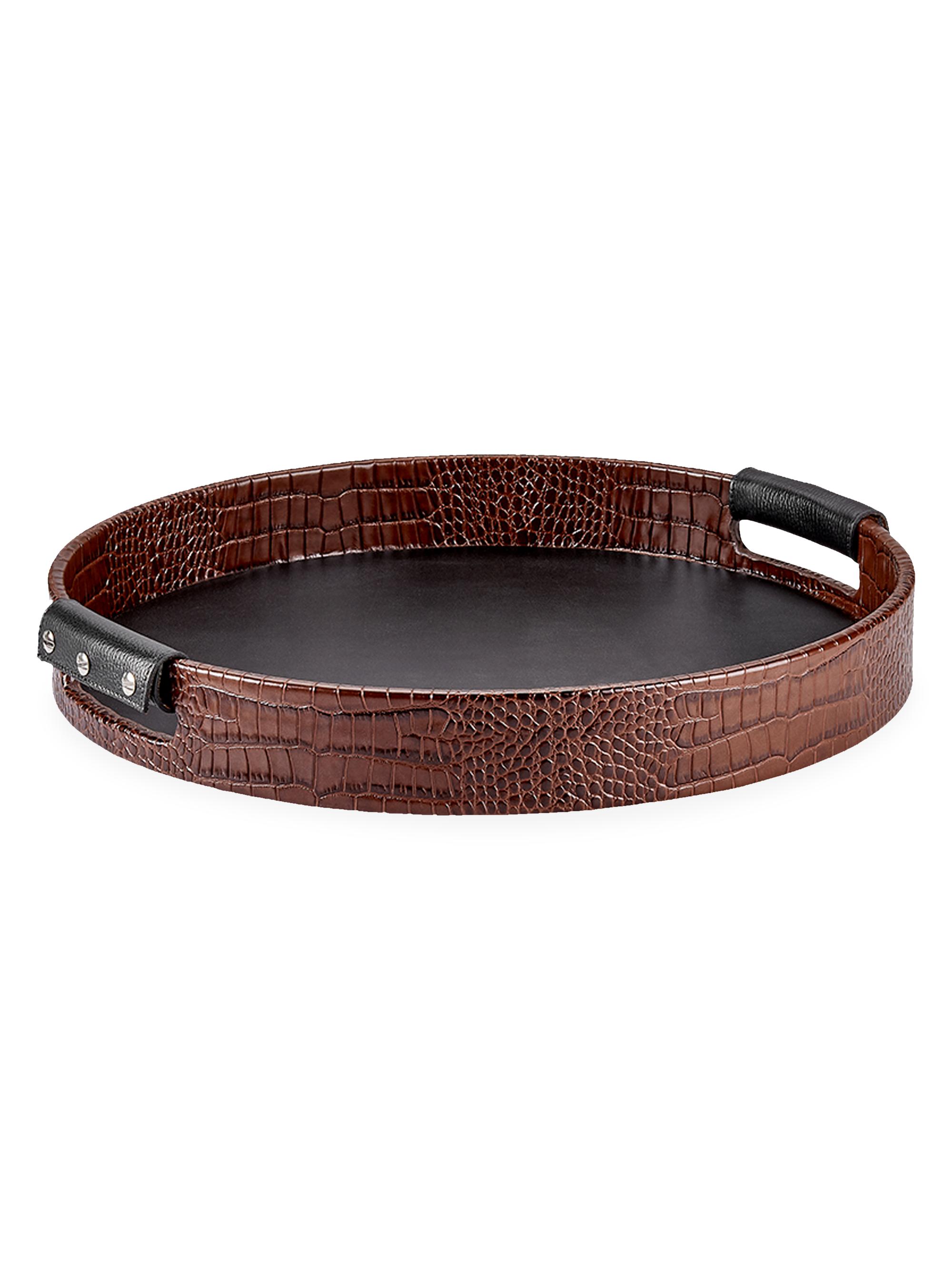 Graphic Image Round Crocodile-Embossed Leather Tray - Brown