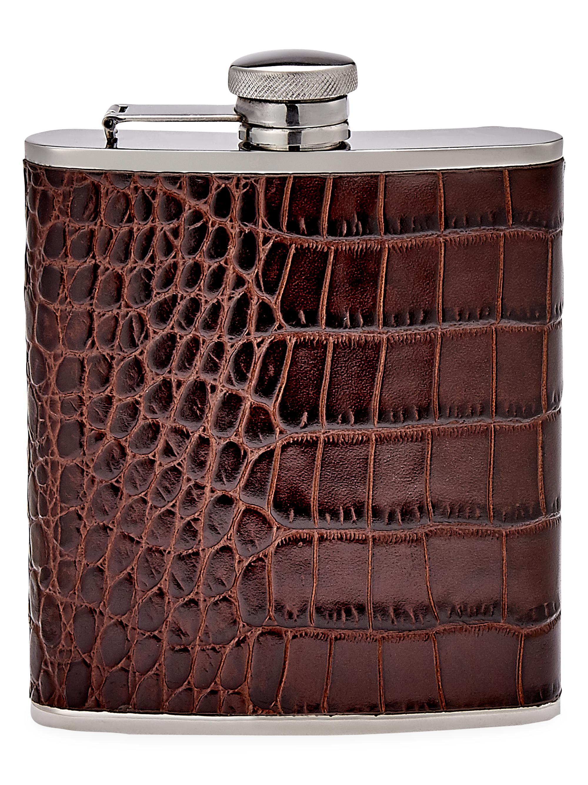 Graphic Image Crocodile-Embossed Leather Stainless Steel Flask - Brown
