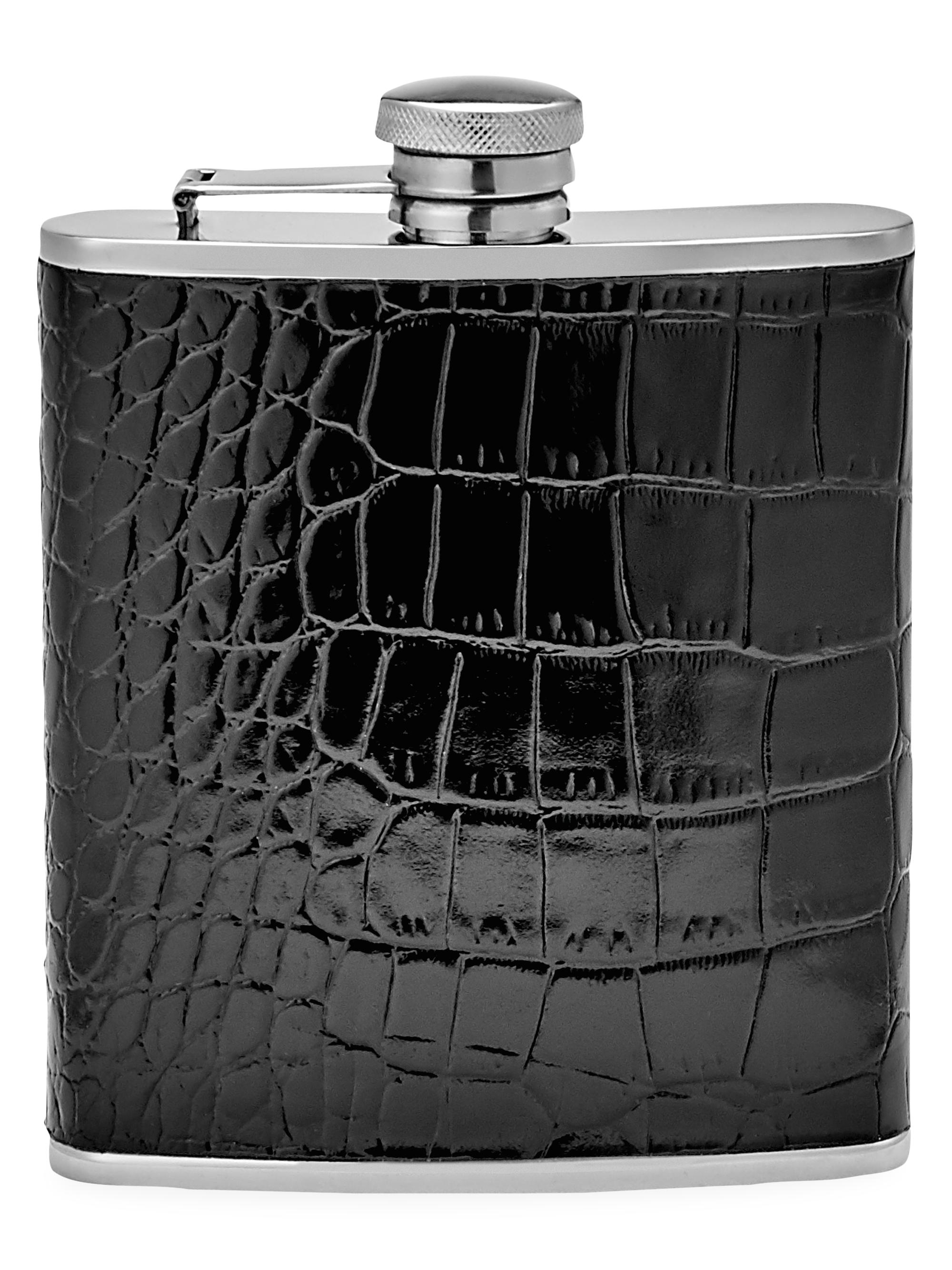 Graphic Image Crocodile-Embossed Leather Stainless Steel Flask - Black