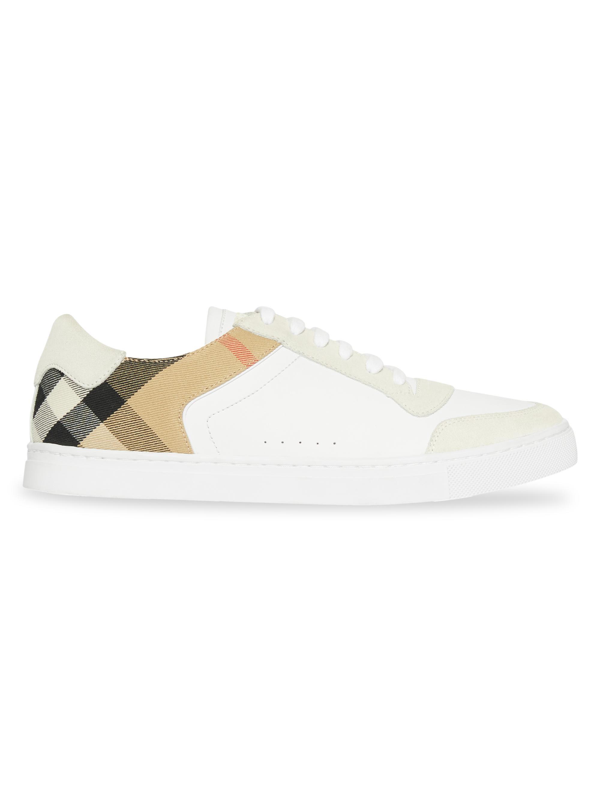 Burberry Men's Reeth Low-Top Check Detail Leather Sneakers - Optic White
