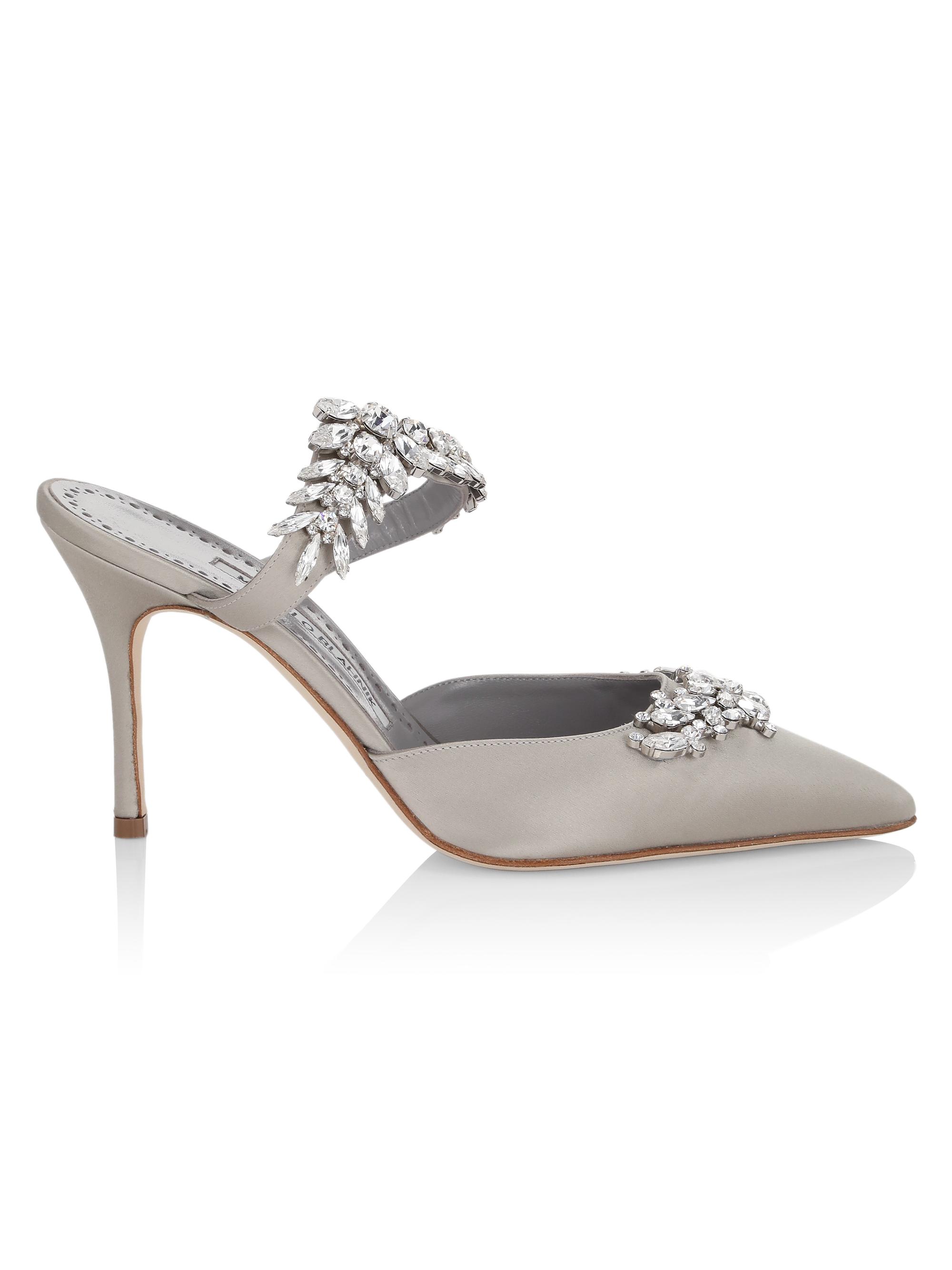 Manolo Blahnik Women's Lurum 90MM Embellished Satin Mules - Light Grey