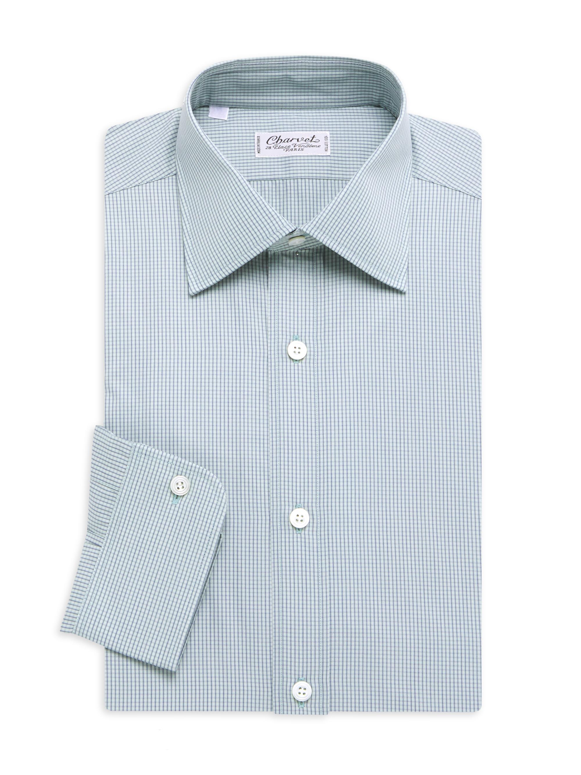 Charvet Men's Mini Windowpane Check Dress Shirt - Green Blue