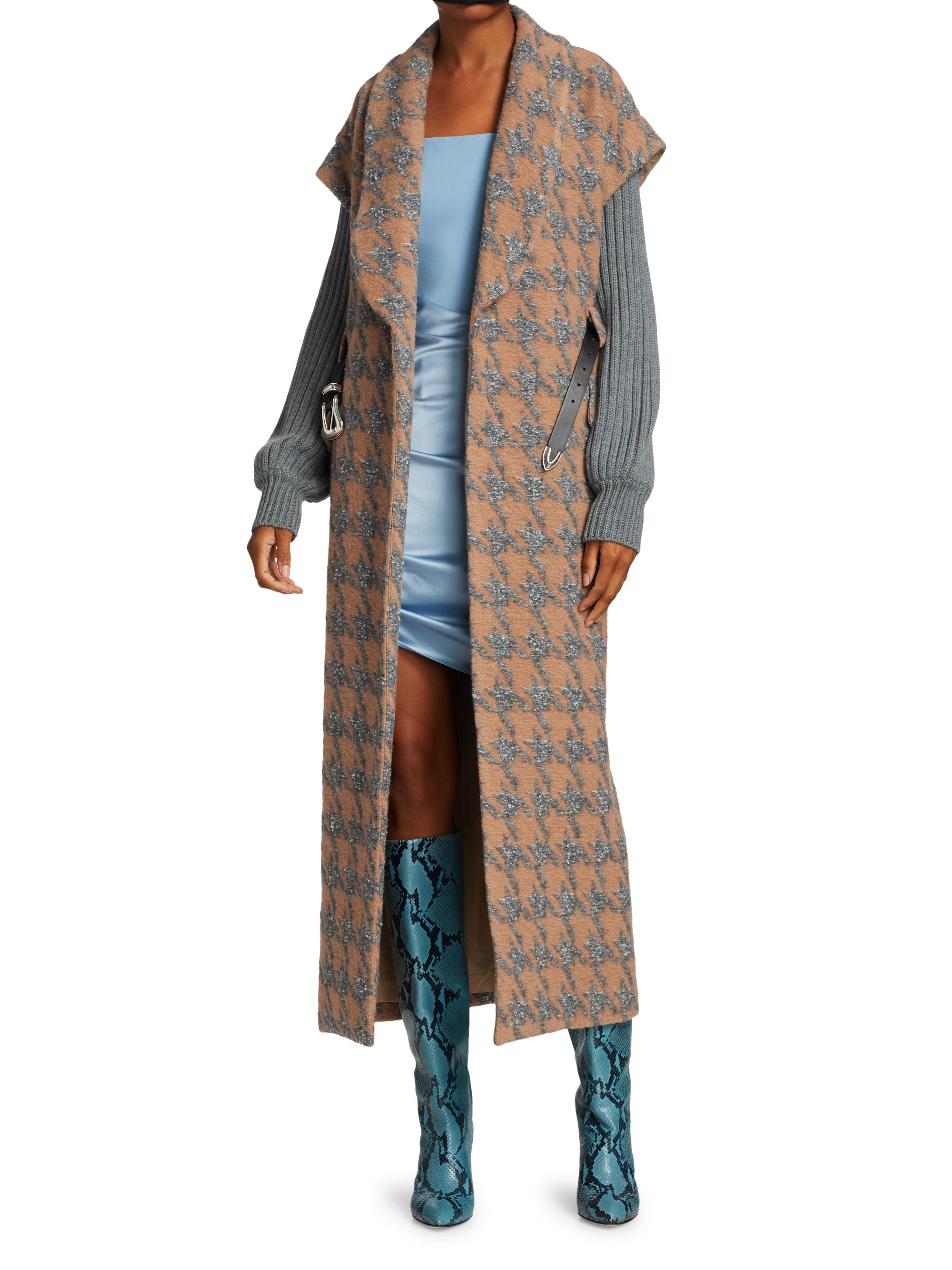 Cinq à Sept Melissa Wool-Blend Rib-Knit Sleeve Houndstooth Coat