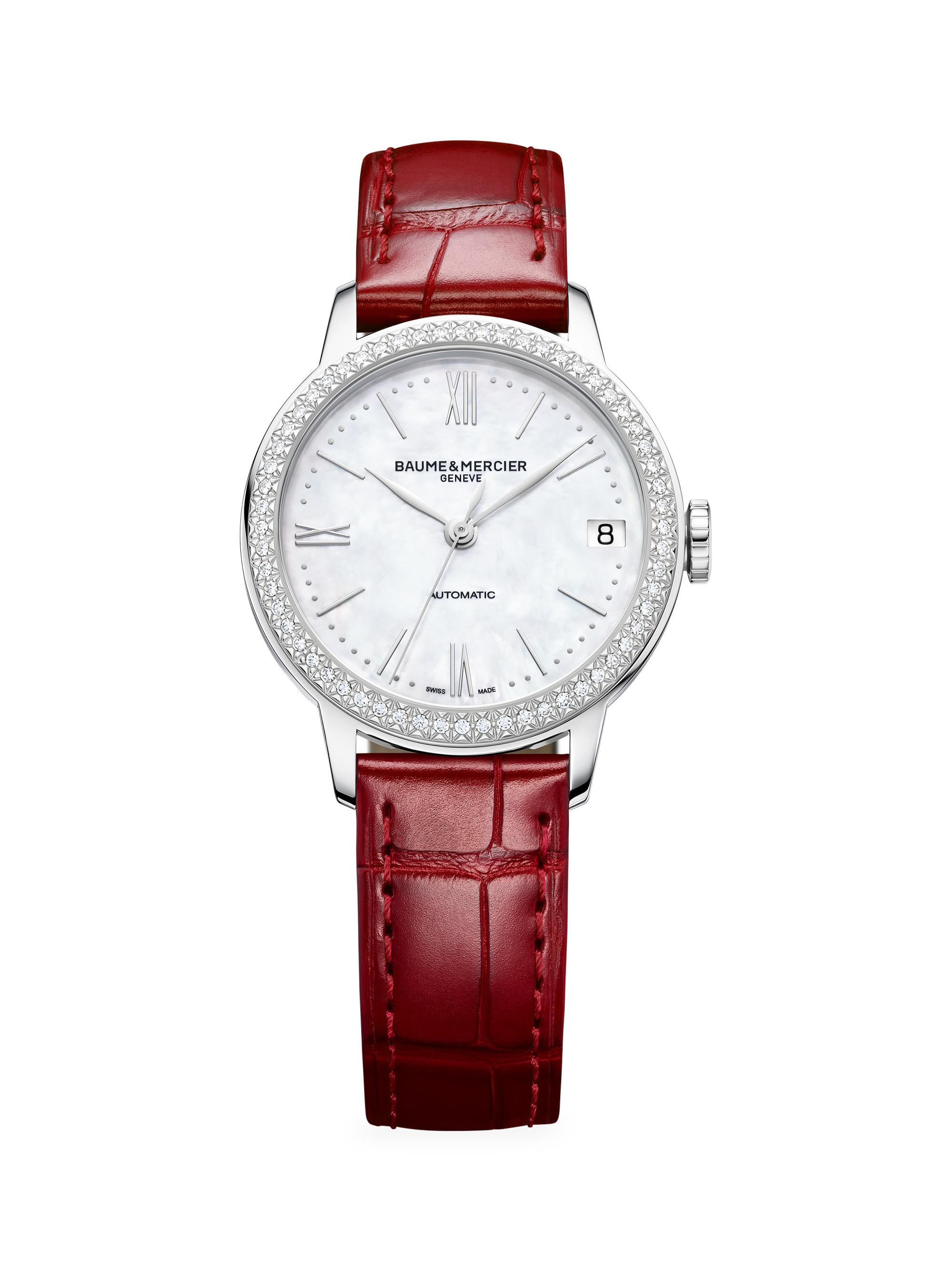 Baume & Mercier Women's Classima Stainless Steel, Diamond Bezel & Alligator Strap Watch - Red