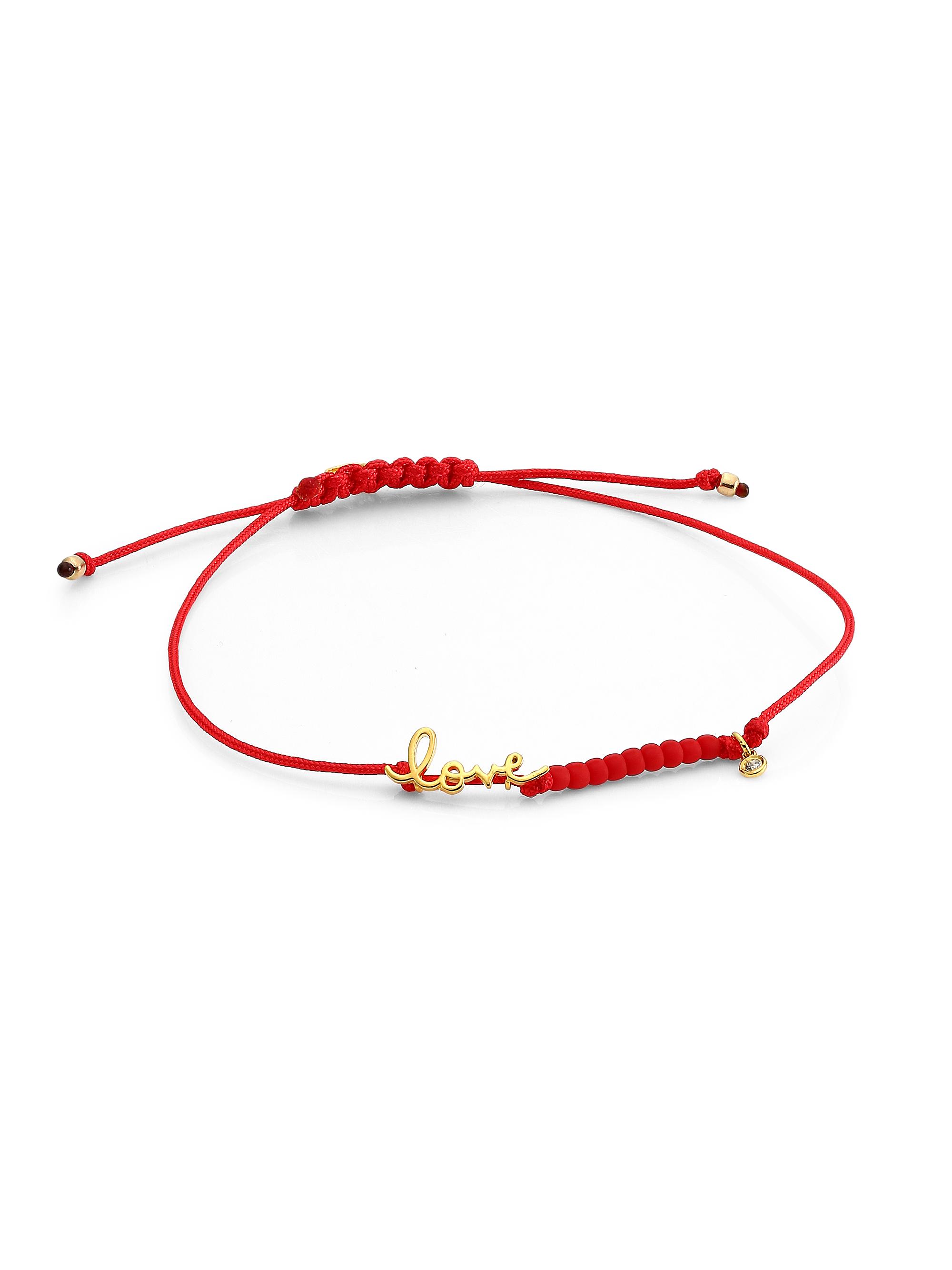 Sydney Evan Women's 14K Goldplated, Love & Diamond Charm Red Cord Bracelet - Red