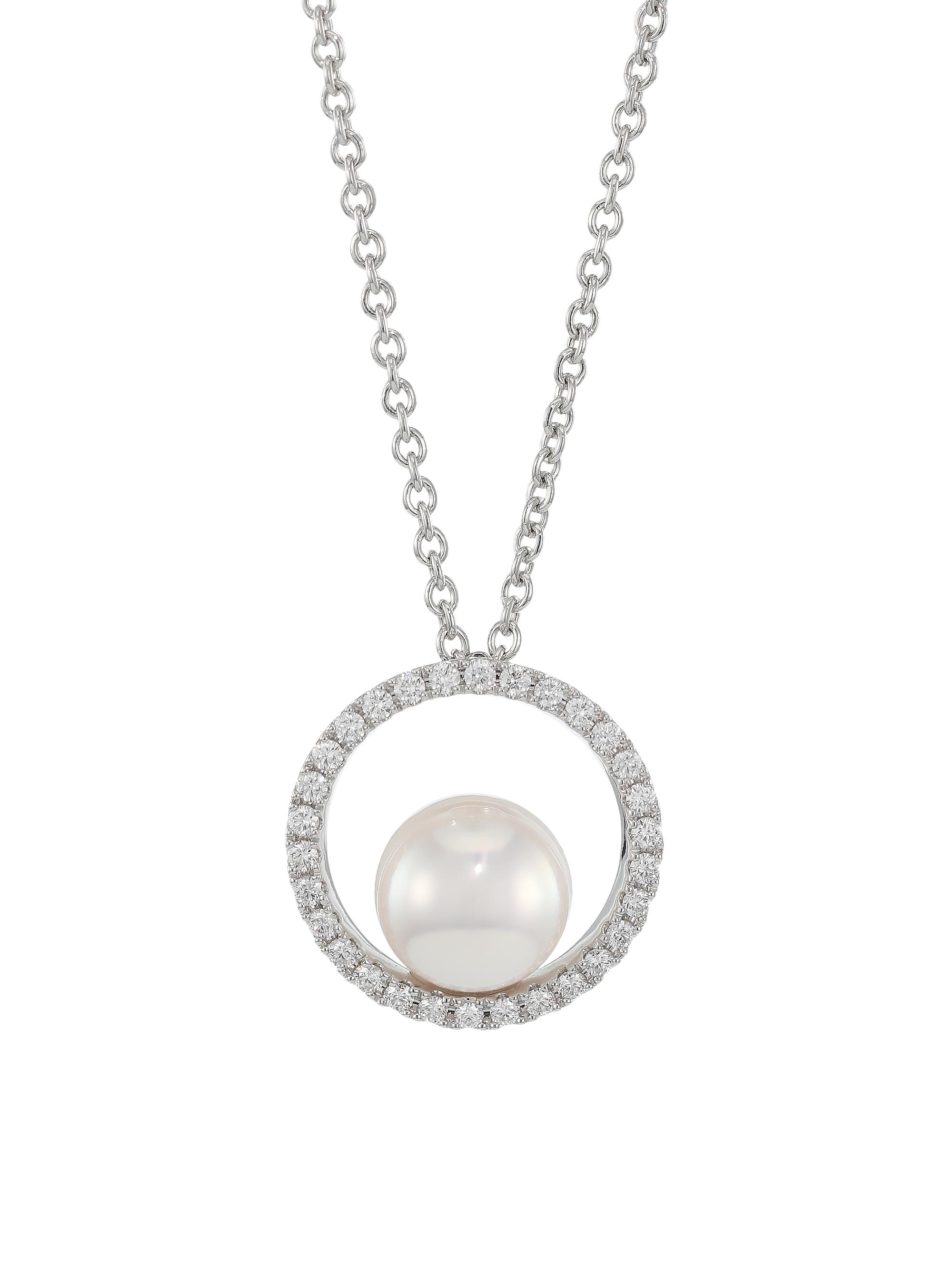 Mikimoto Women's Japan K White Gold, 7MM White Cultured Akoya Pearl & Diamond Pendant Necklace - White Gold