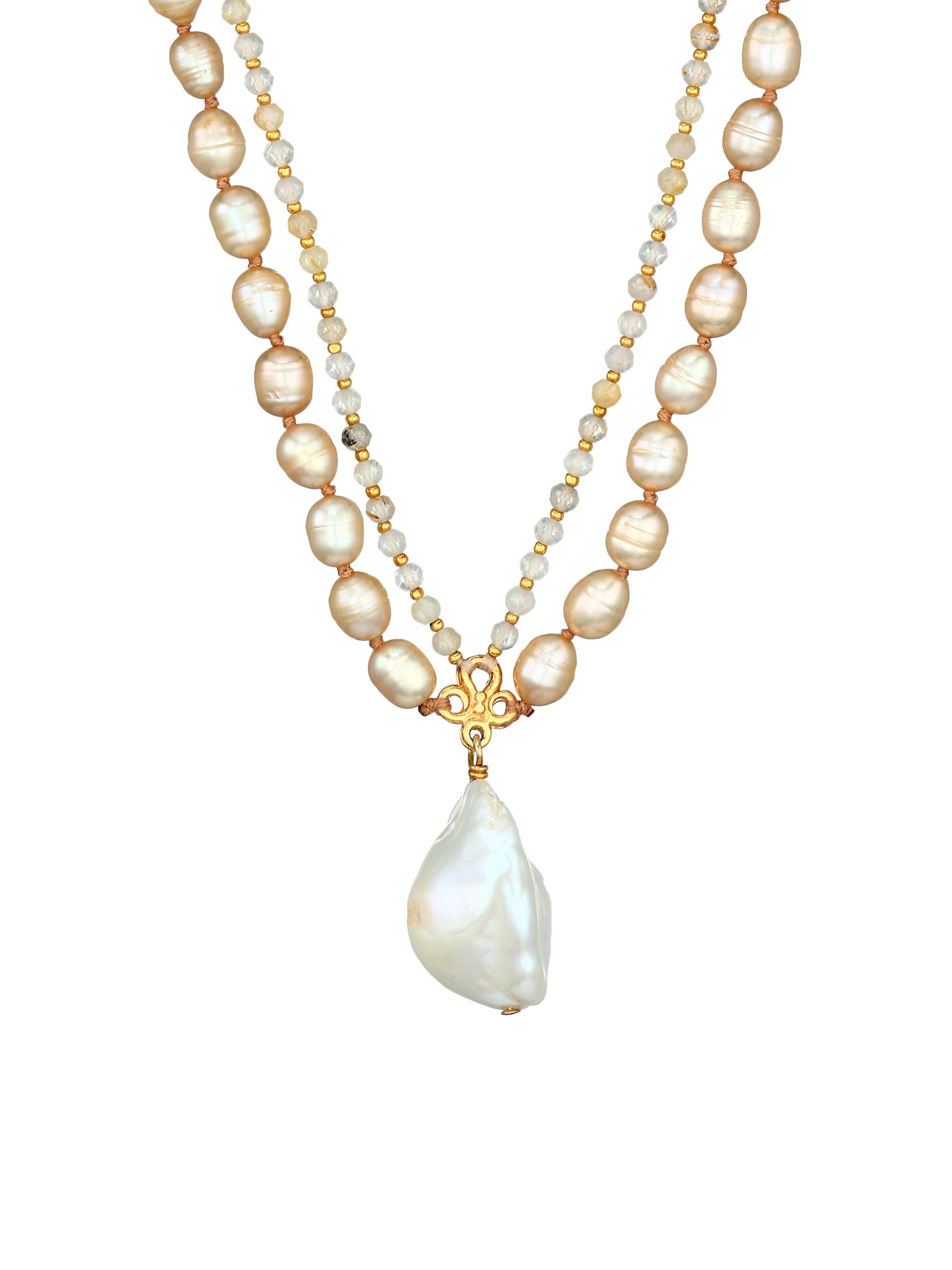 Chan Luu Women's 18K Goldplated, Rutilated Quartz & 5.5-18MM Mixed Pearl Double-Strand Pendant Necklace - Champagne Pearl Mix