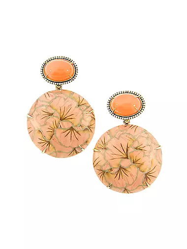 Marquetry 18K Yellow Gold, Honey Moonstone, Light Brown Diamonds & Wood Pink Flower Drop Earrings