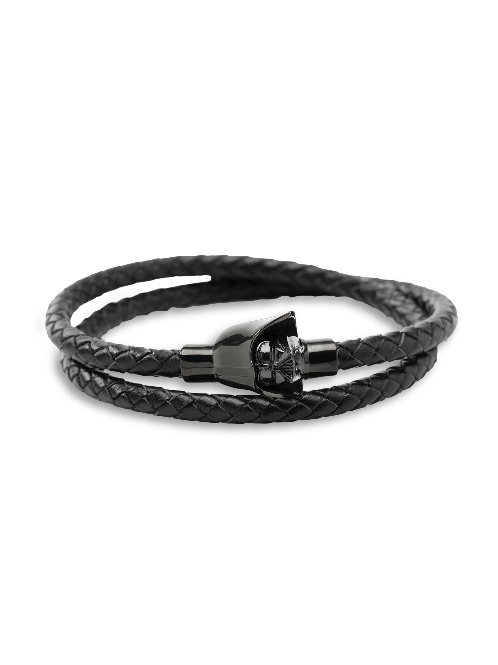 Cufflinks, Inc. Men's Star Wars Darth Vader Helmet Double Wrap Leather & Stainless Steel Bracelet - Black