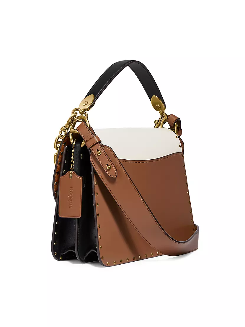 Coach Colorblock Mixed Leather Beat Shoulder Bag with Rivets - Brown