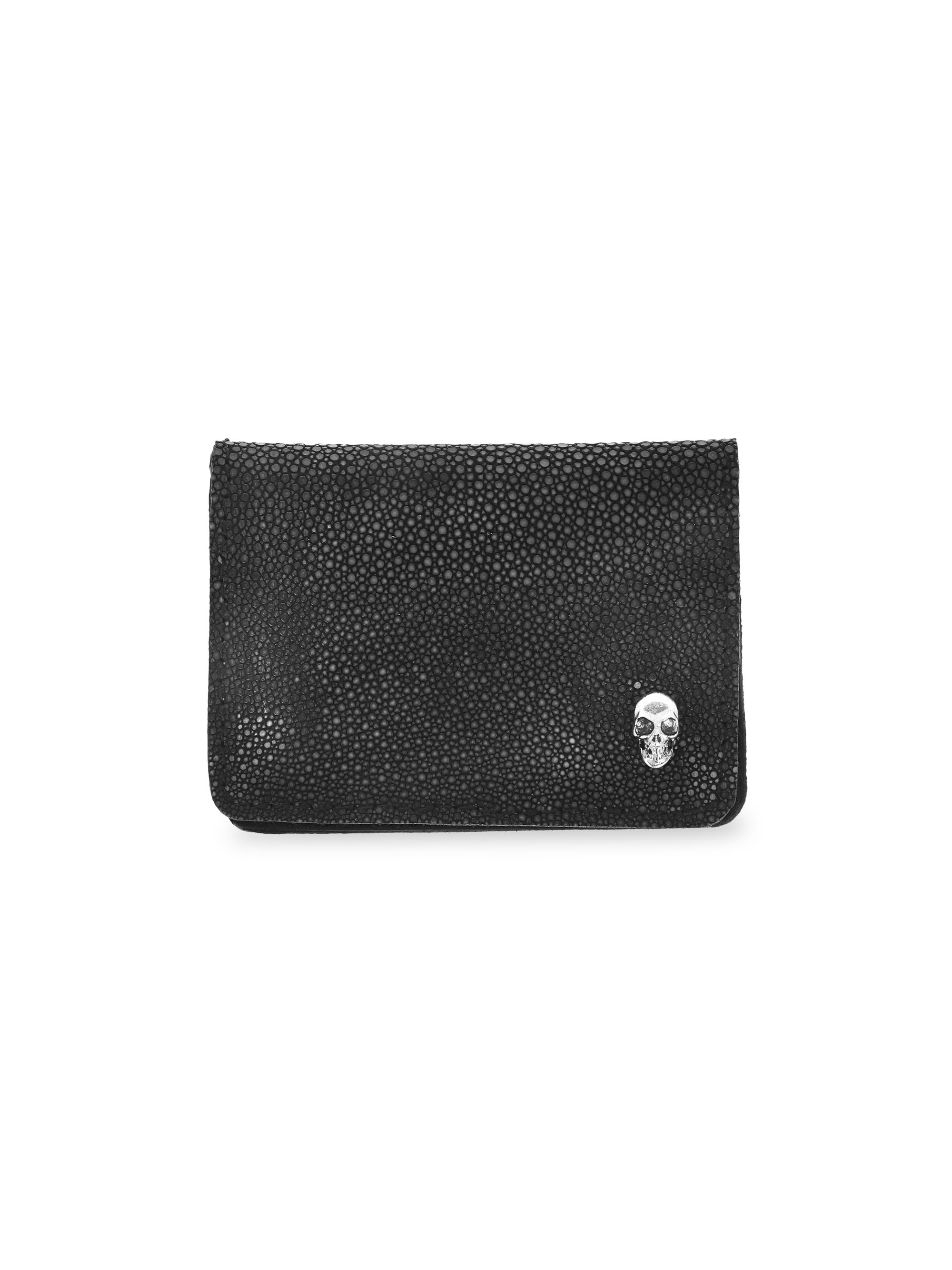 King Baby Studio Men's  Leather Goods Skull Stingray & Leather Bi-Fold Card Holder - Silver Black