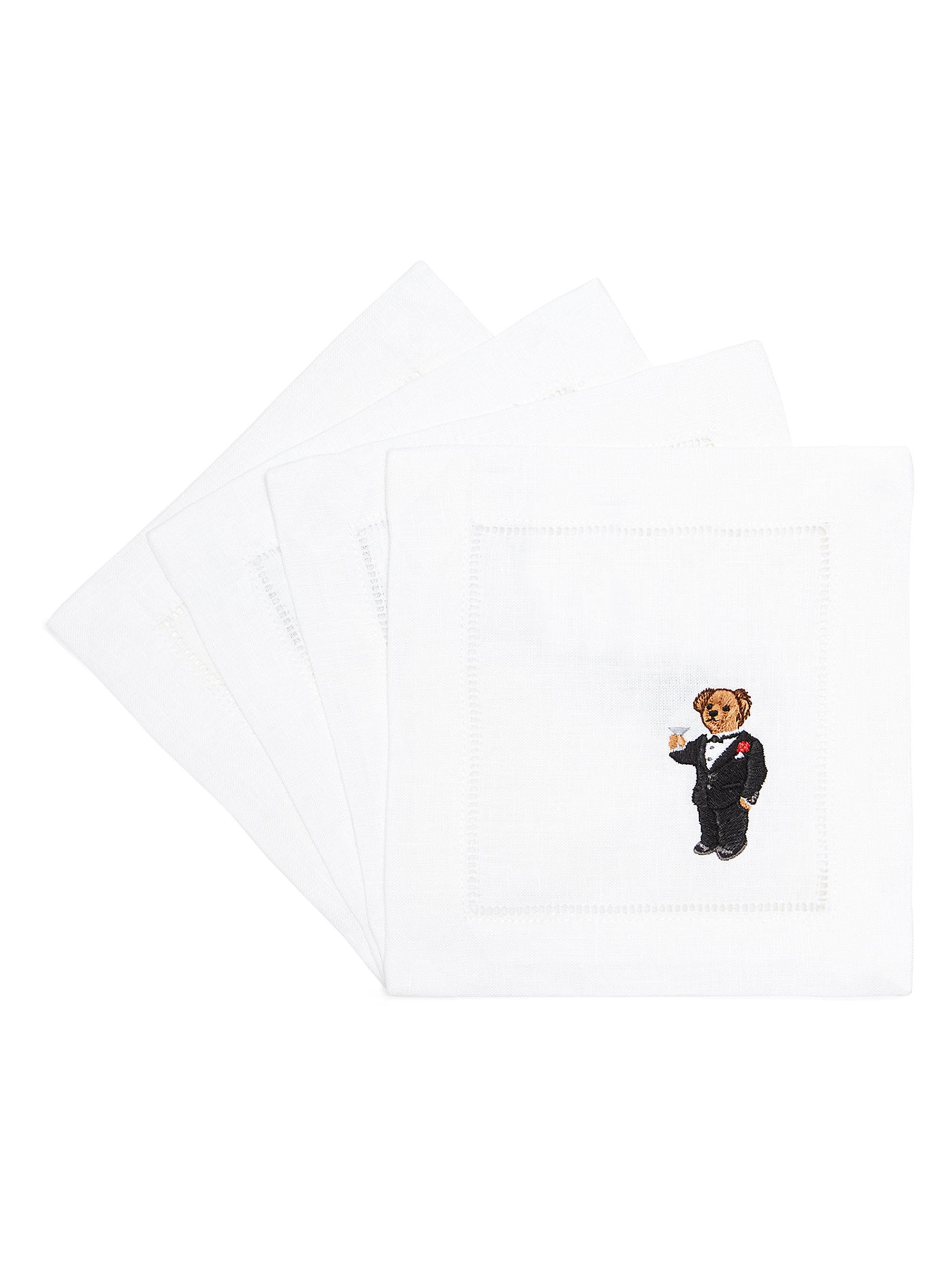 Ralph Lauren Collection Kenmore 4-Piece Linen Martini Bear Cocktail Napkins - White