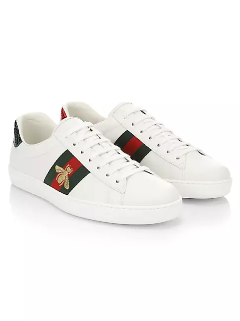 GUCCI Men's Ace Black Leather Bee Embroidered Low Top Laced Up