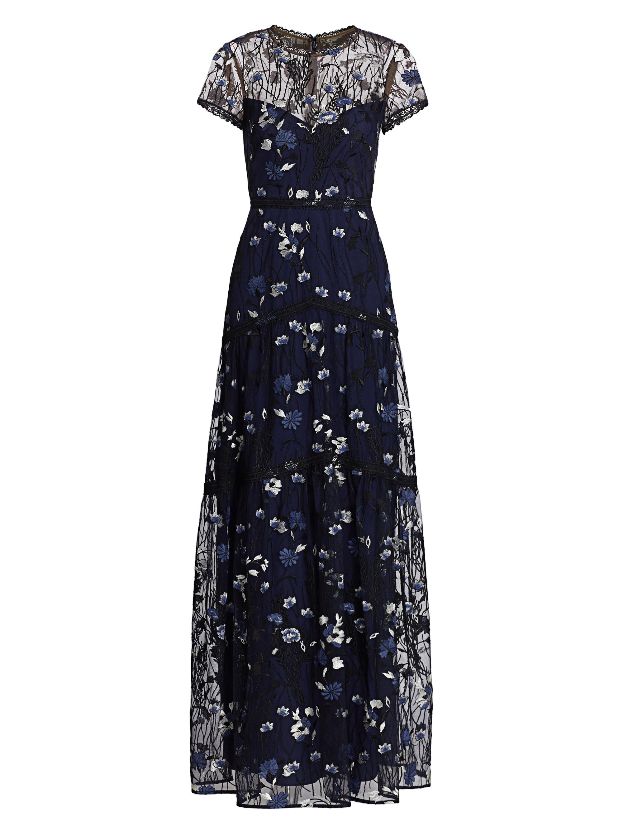 ML Monique Lhuillier Women's Floral Embroidered Mesh Gown - Navy Multi