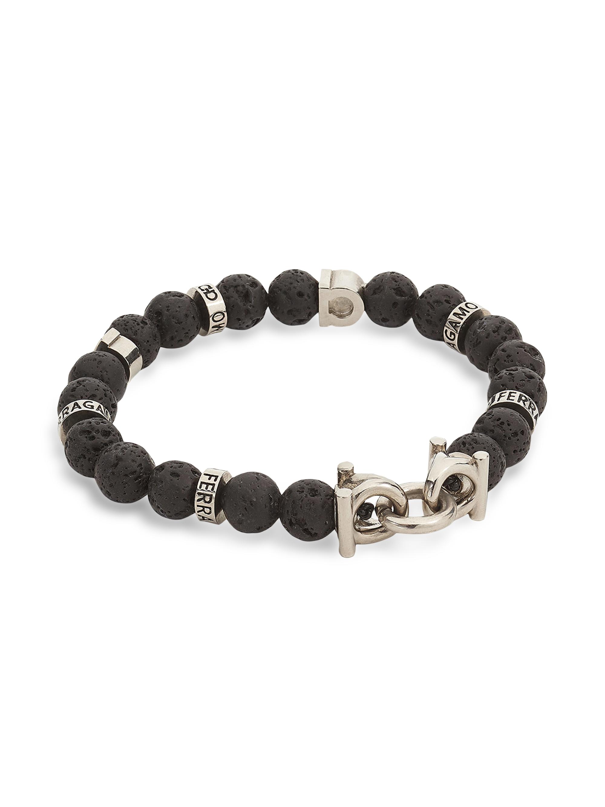 FERRAGAMO Men's Beaded Gancini Bracelet - Black Grey