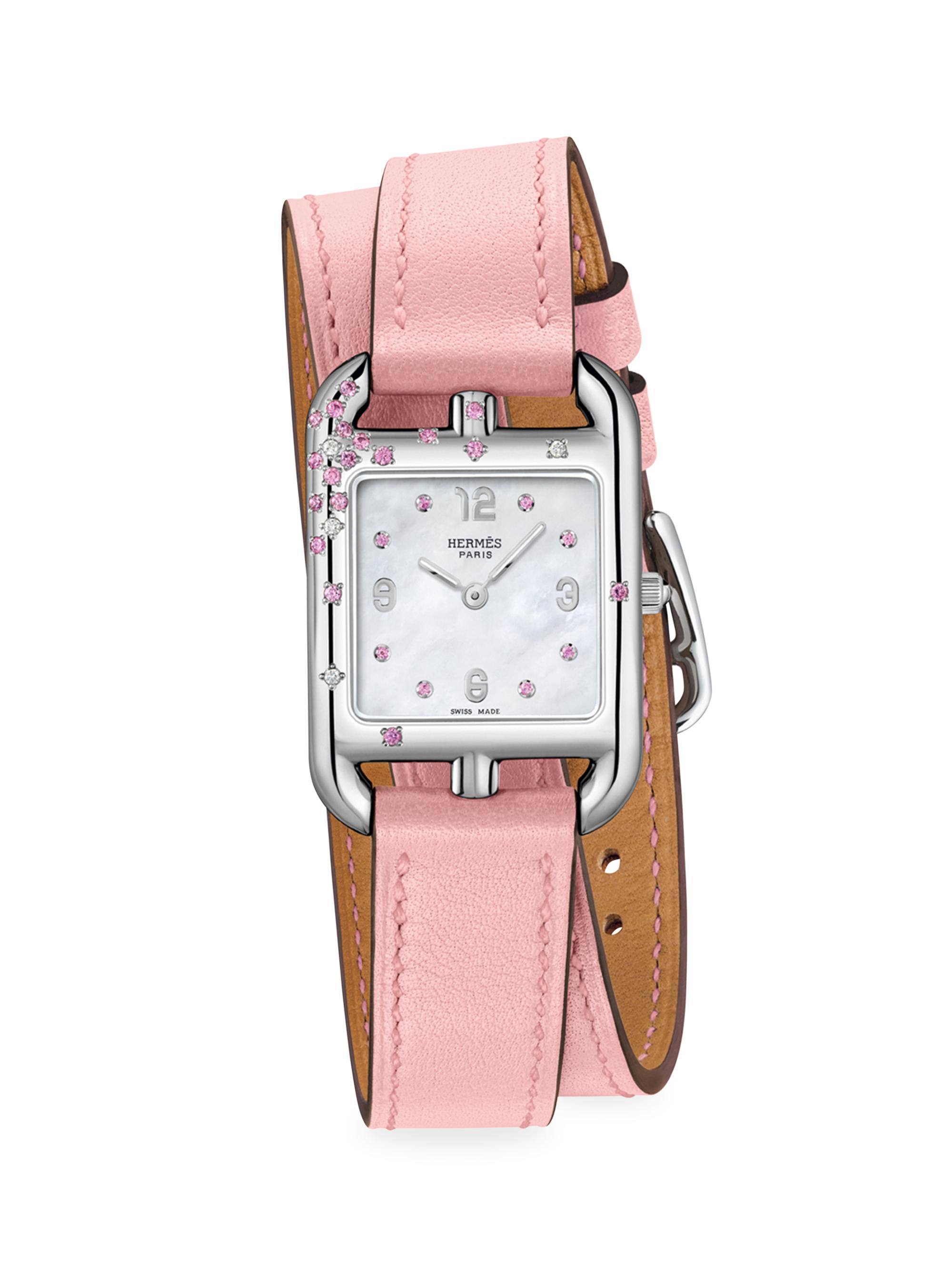 HERMÈS Women's Cape Cod 31MM Stainless Steel, Pink Sapphire, Diamond & Leather Strap Watch - Pink