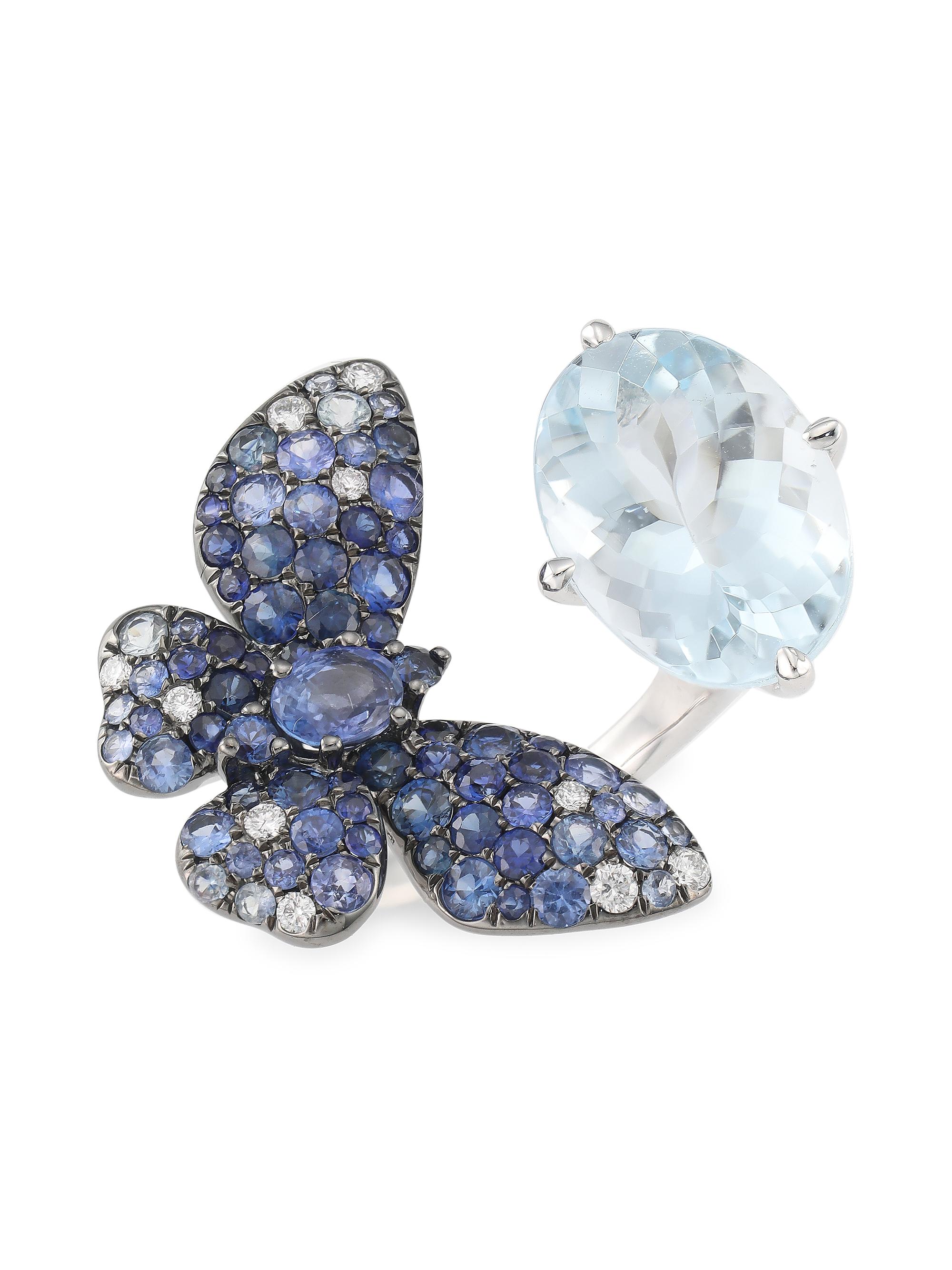 STEFERE Women's Butterfly 18K White Gold, Aquamarine, Blue Sapphire & White Diamond Ring - White Gold