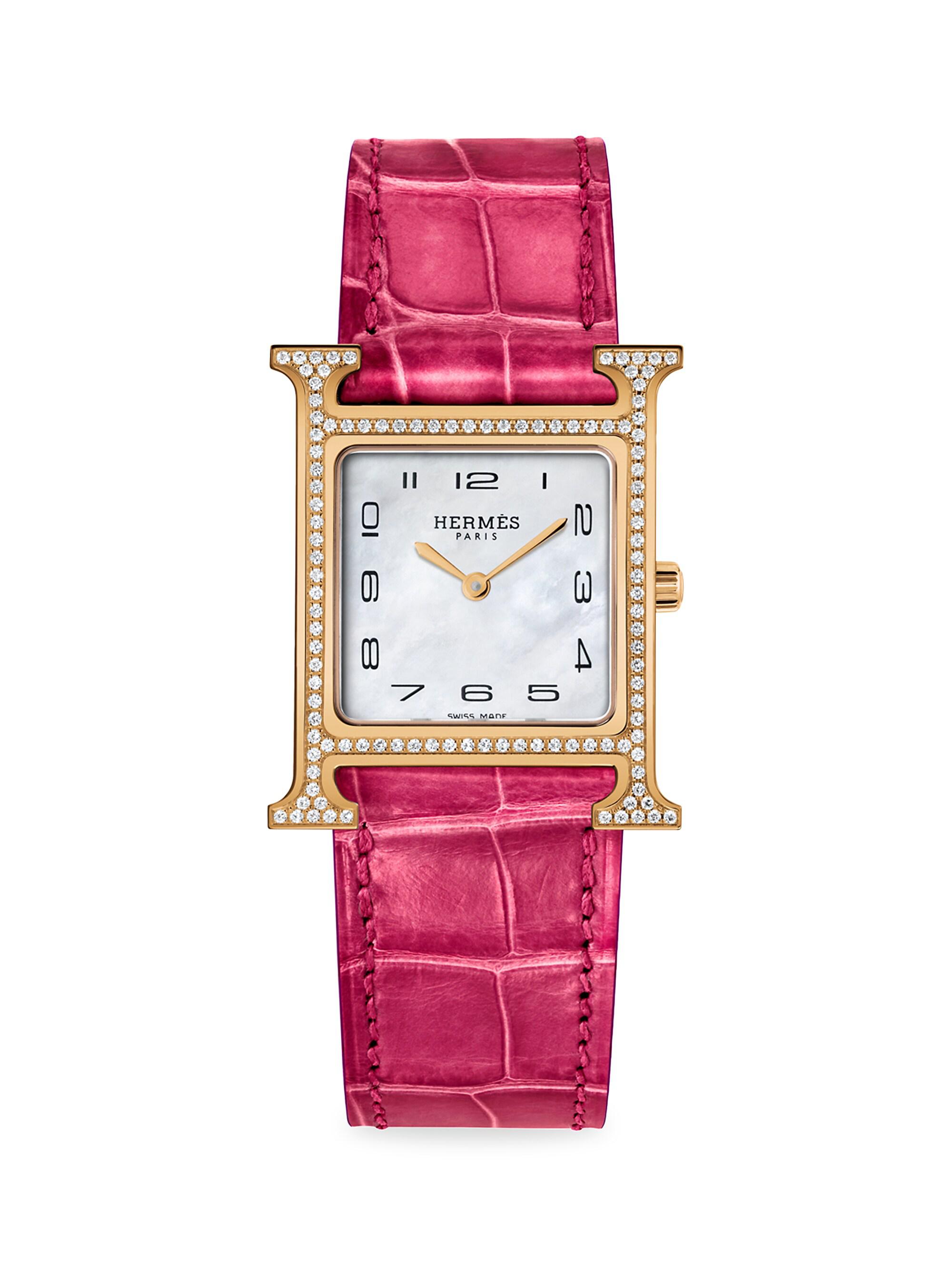 HERMÈS Women's Heure H 18K Rose Gold, 0.45 TCW Diamond & Alligator Strap Watch/26MM - Pink