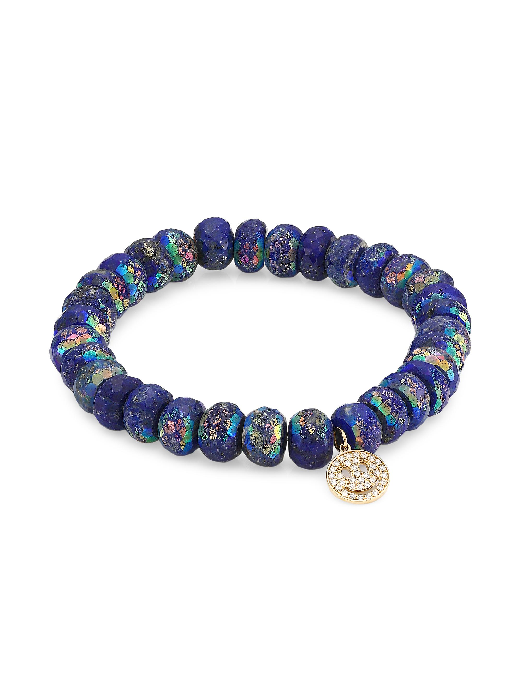 Sydney Evan Women's 14K Yellow Gold, Lapis & Diamond Happy Face Charm Beaded Bracelet - White Gold