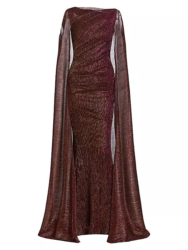 Pleated Metallic Voile Cape Gown