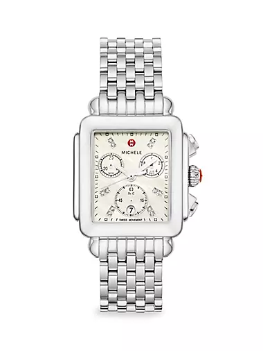 Deco Stainless Steel, Mother-Of-Pearl & 0.05 TCW Diamond Chronograph Watch/33MM x 35MM