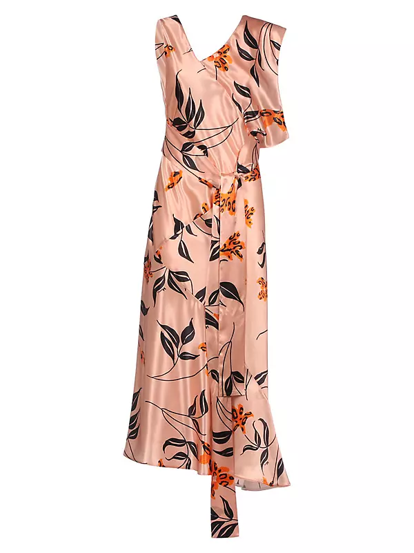 Asymmetric Belted Floral Satin Slip Dress