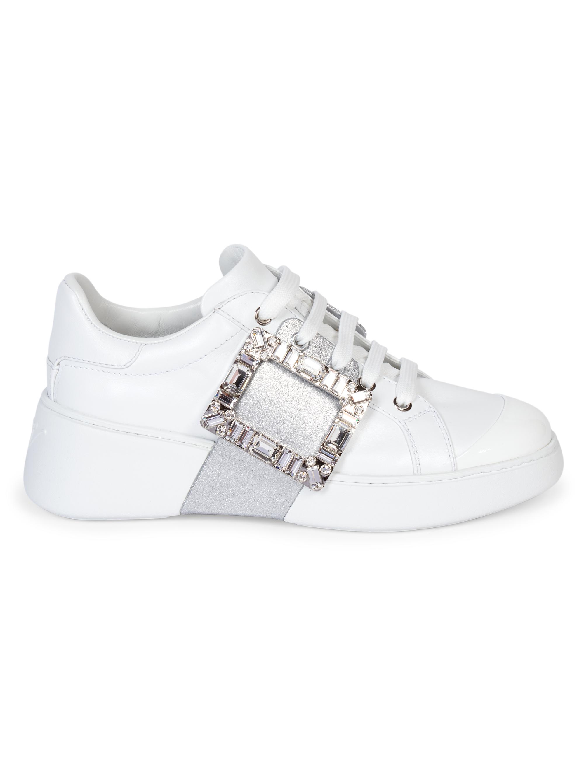 Roger Vivier Women's Viv Glitter & Crystal Buckle Skate Sneakers - White