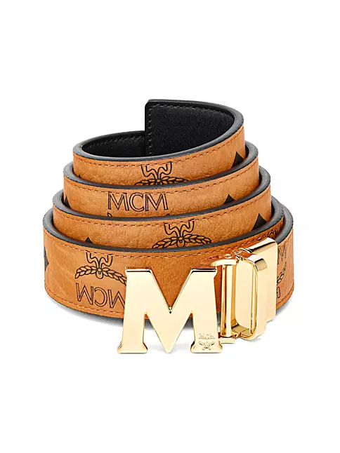 NEW MCM Belt Monogram Visetos Cognac Logo Buckle 80 Leather Trim