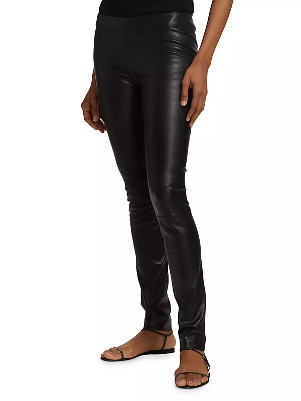 Women Black Leather Stretch Leggings 