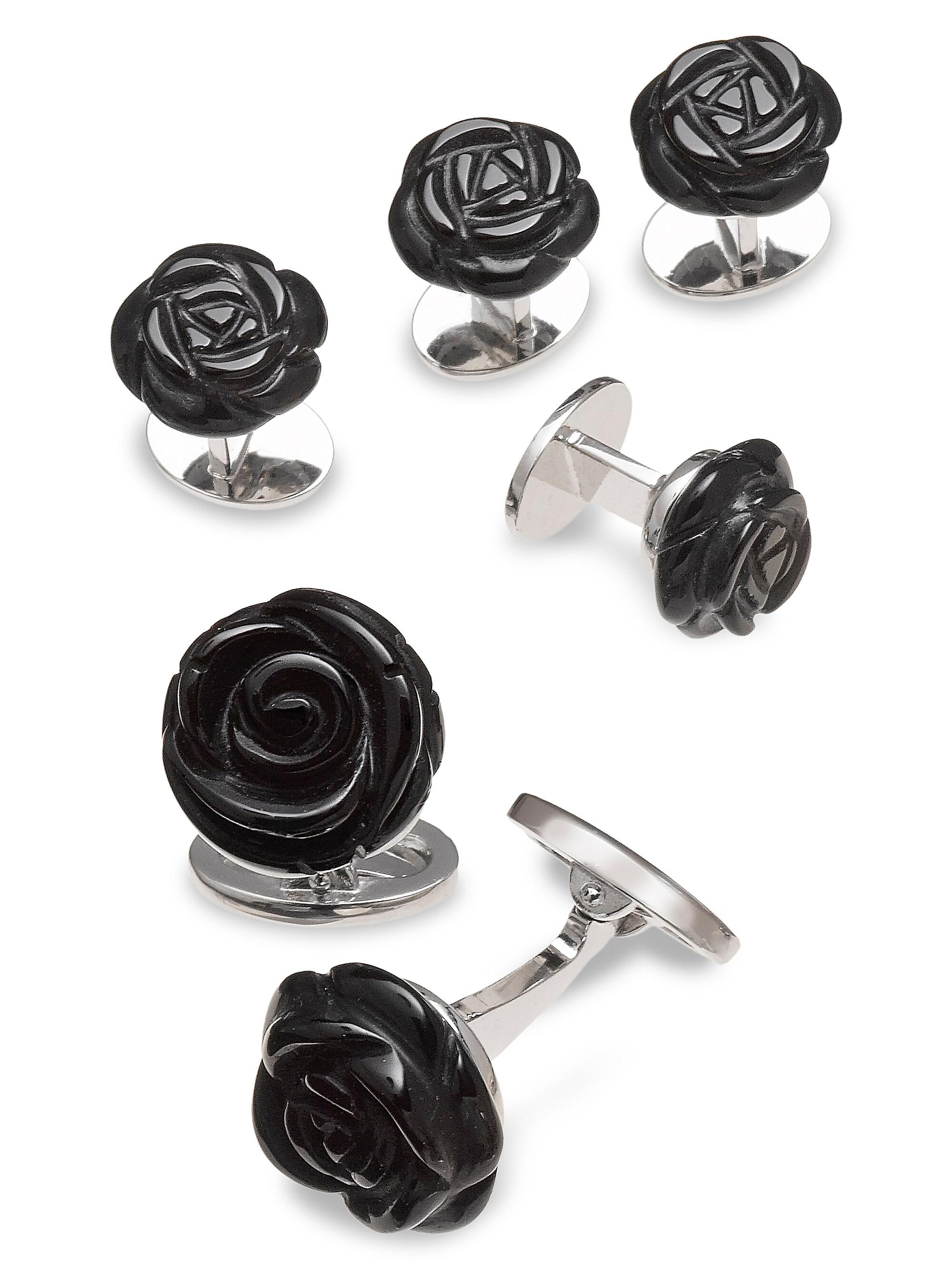 Jan Leslie Men's Sterling Silver & Onyx Carved Rose Cufflinks & Four Tuxedo Studs - Silver