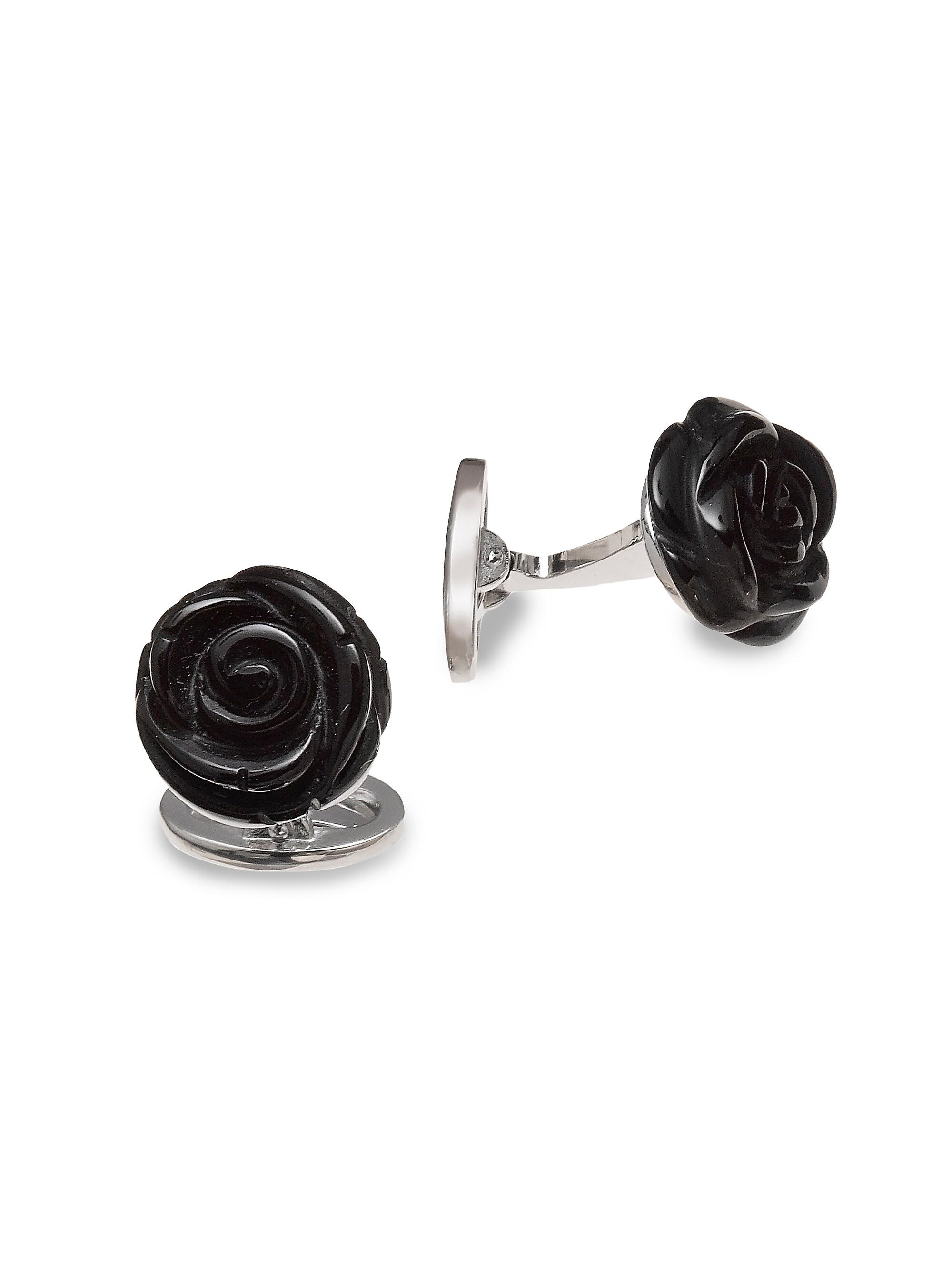 Jan Leslie Men's Black Onyx & Sterling Silver Carved Rose Cufflinks - Silver