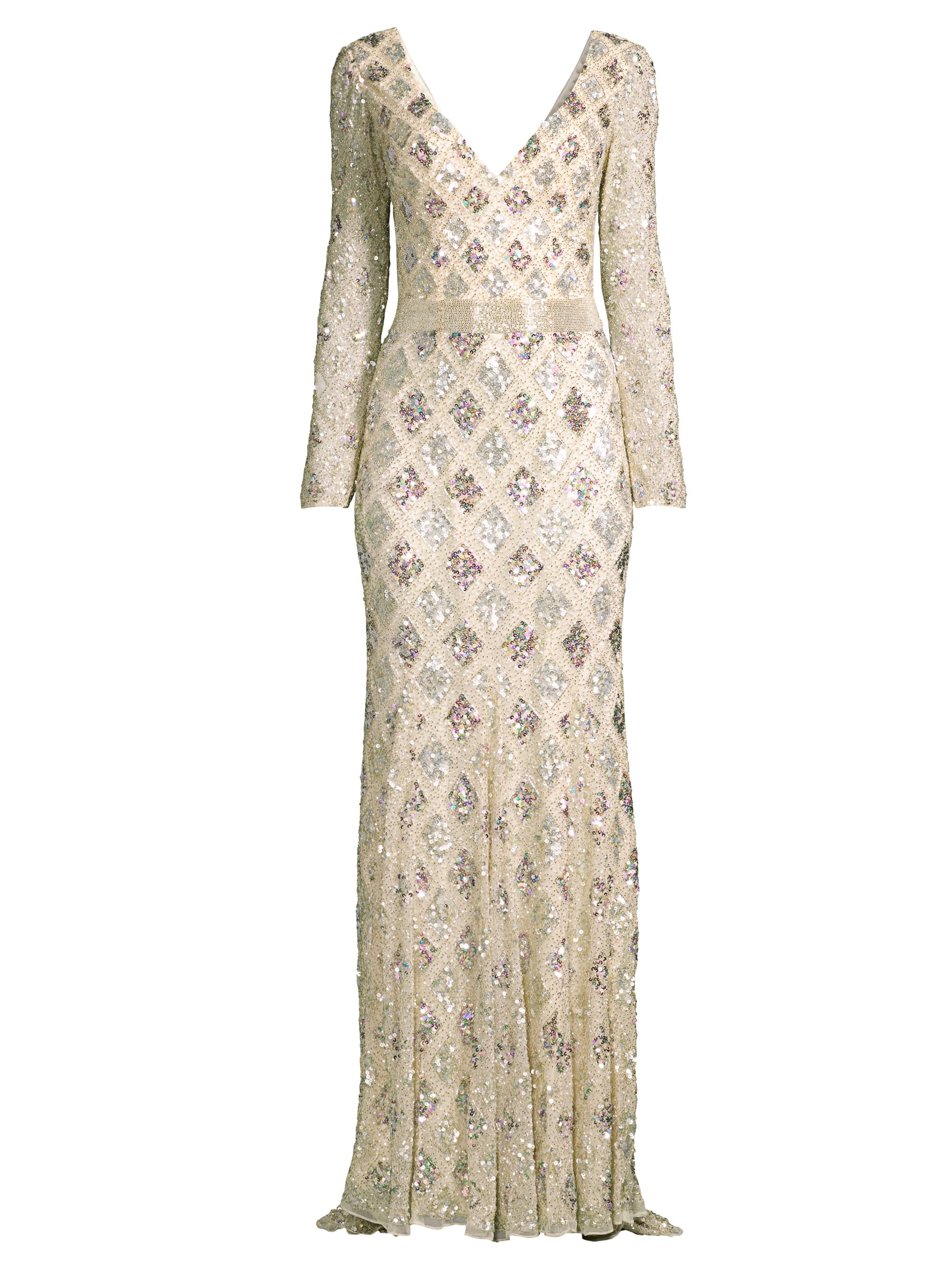 Mac Duggal Women's Lattice Sequin Long-Sleeve Gown - Beige
