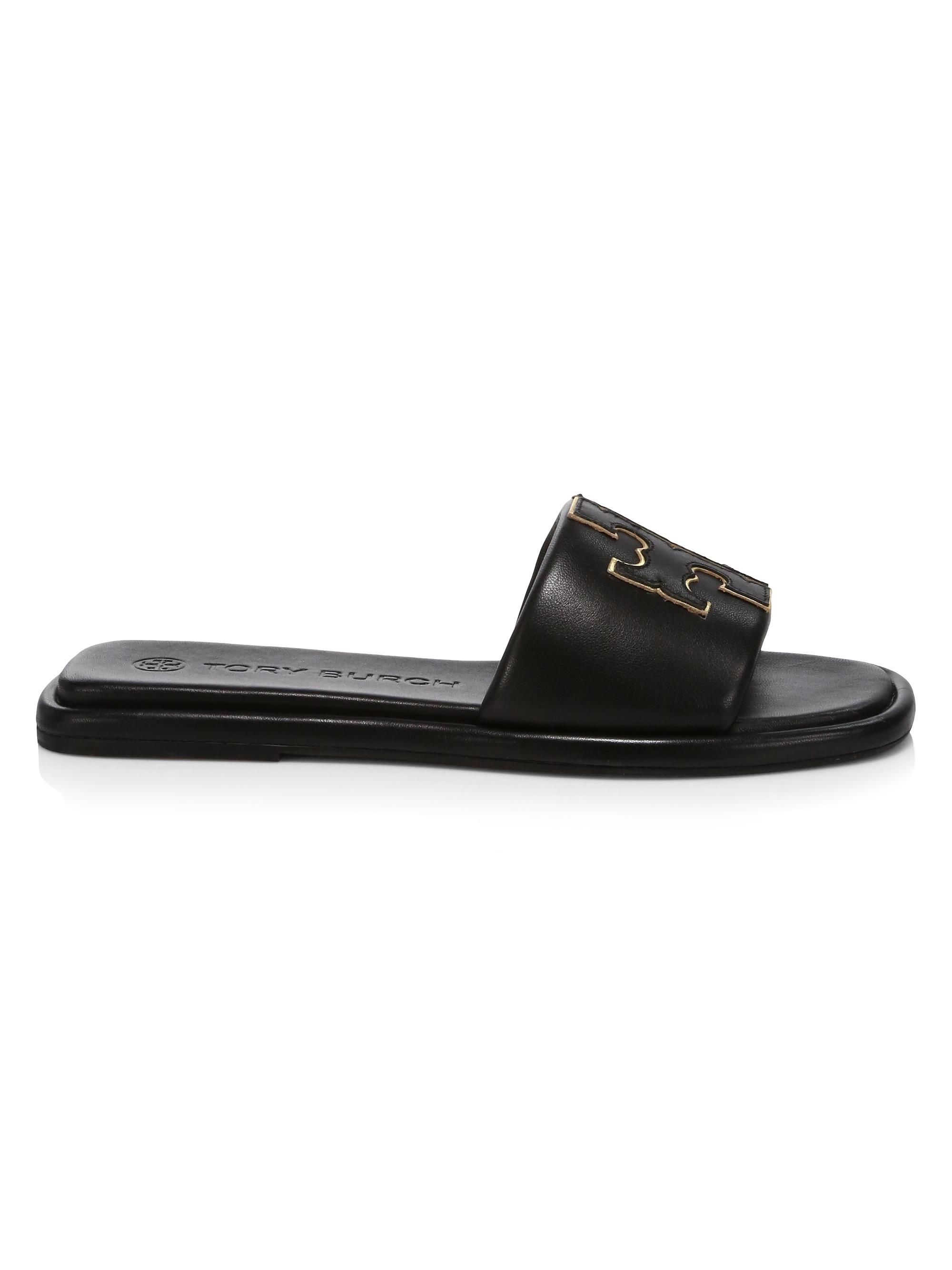 Tory Burch Women's Double-T Monogram Padded Leather Slide Sandals - Perfect Black