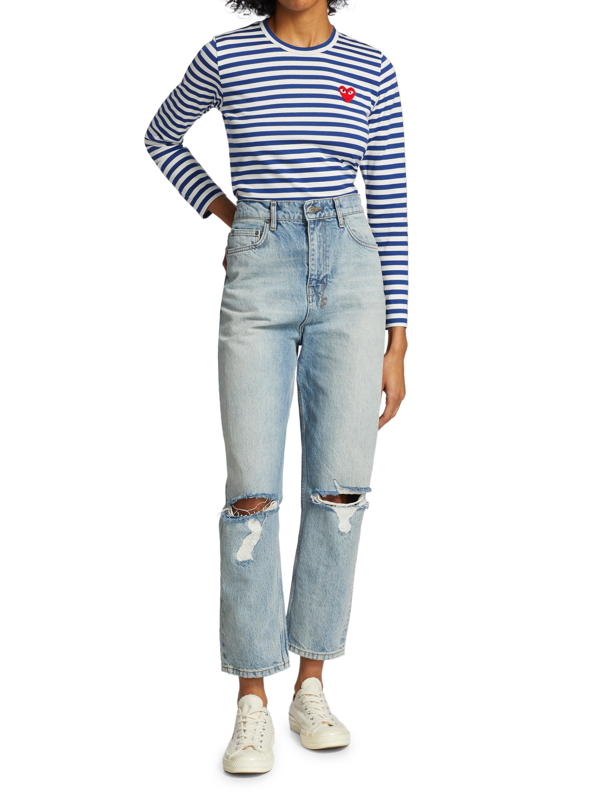 Comme des Garçons PLAY Women's Striped Red Heart Long-Sleeve Shirt - Black White | Thumbnail 2
