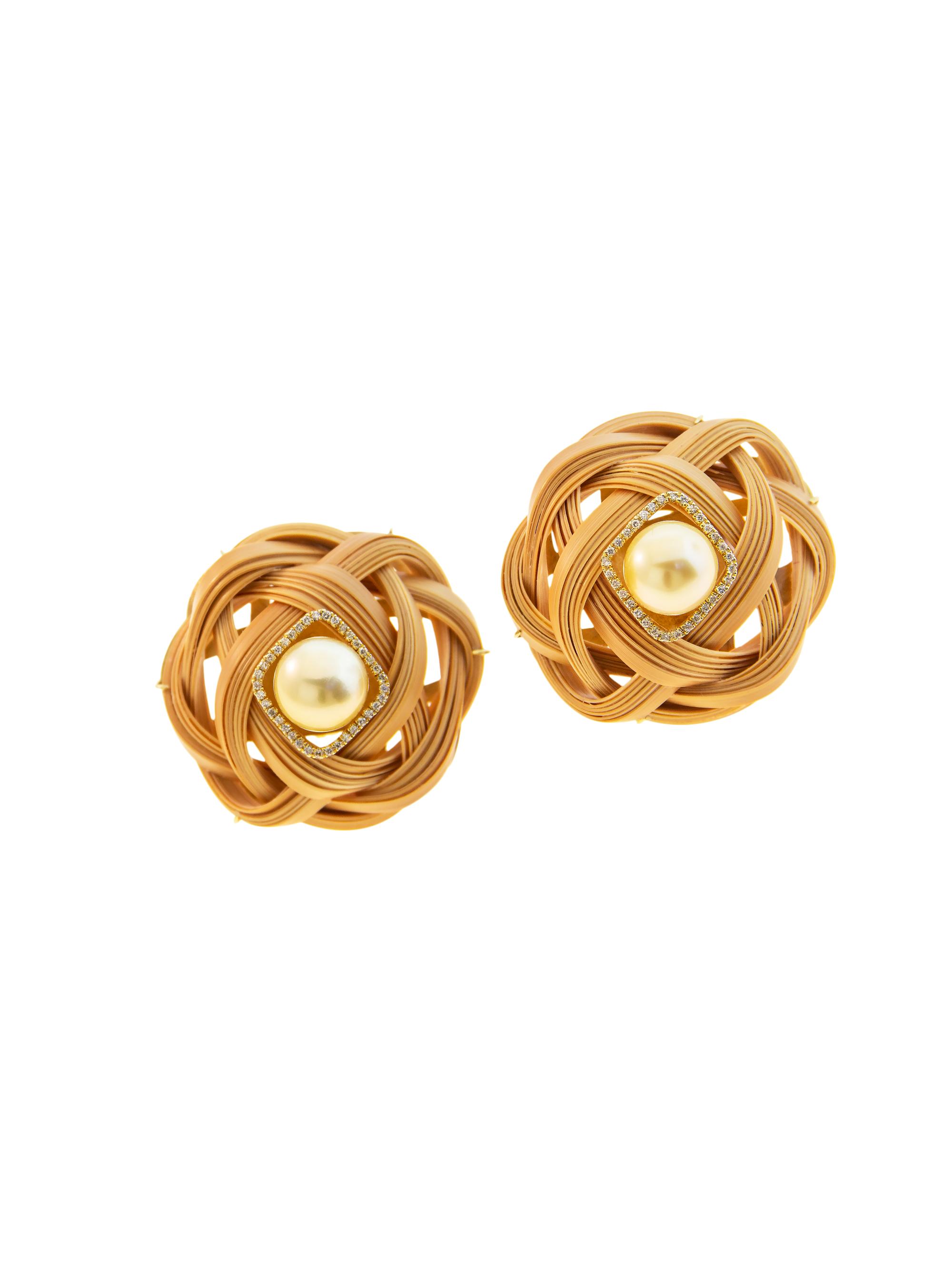 Silvia Furmanovich Women's Bamboo 18K Yellow Gold, 12MM Golden Pearl, Diamond & Yellow Sapphire Woven Bamboo Earrings - Yellow Gold