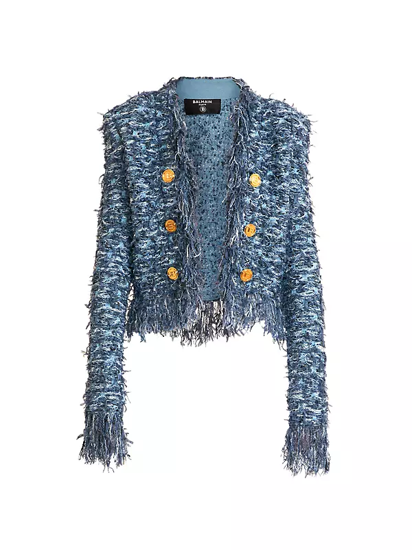 Shop Balmain Collarless Fringed Tweed Jacket