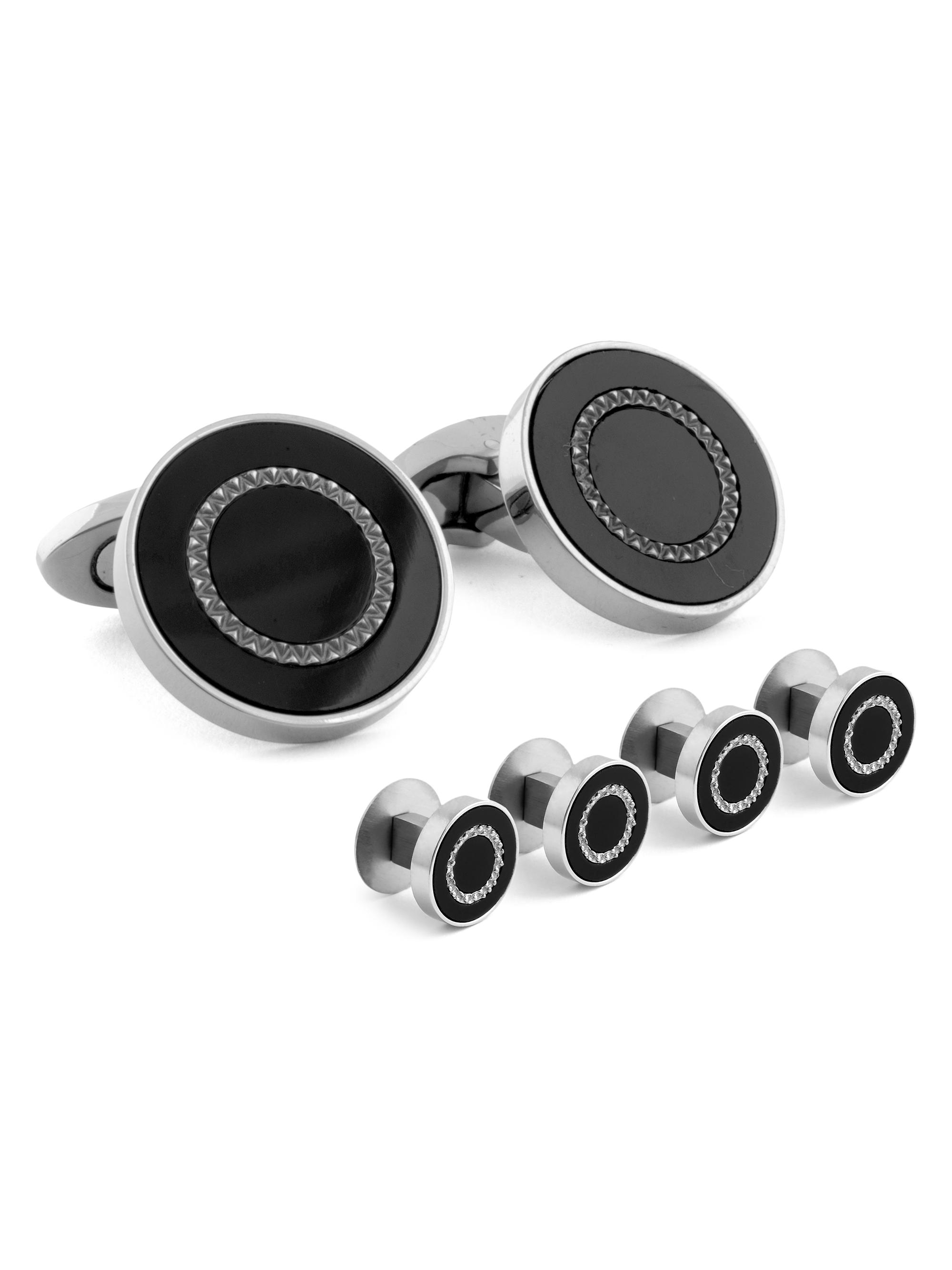 Tateossian Men's Round Titanium & Black Agate 6-Piece Tuxedo Studs & Cufflinks Set - Black
