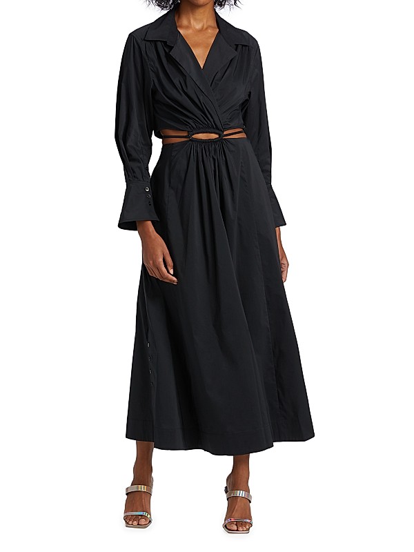 Shop SIMKHAI Alex Pleated Poplin Cut-Out Maxi Shirtdress Shop SIMKHAI Alex Pleated Poplin Cut-Out Maxi Shirtdress