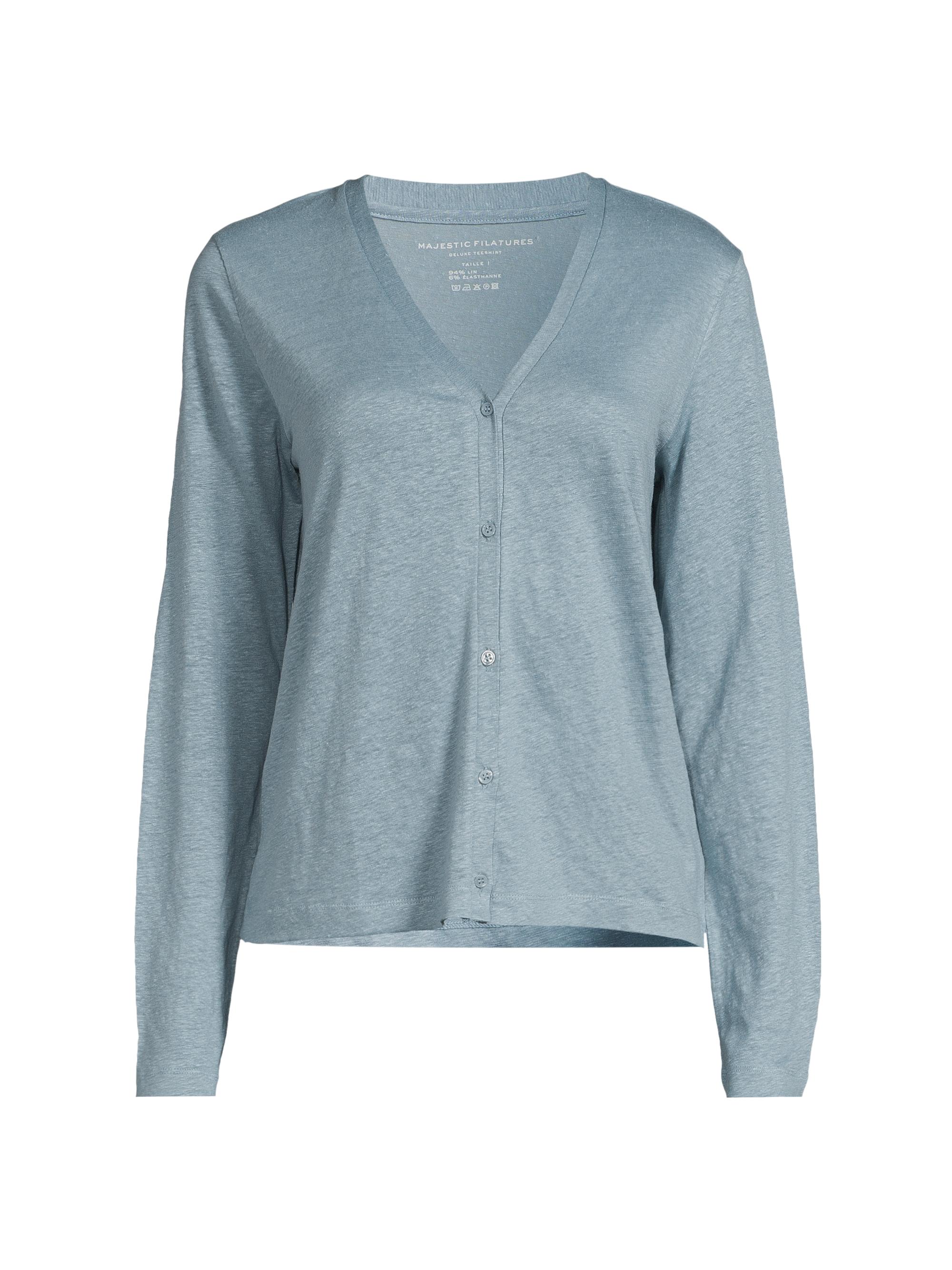 Majestic Filatures Women's V-Neck Stretch Linen Cardigan - Ocean