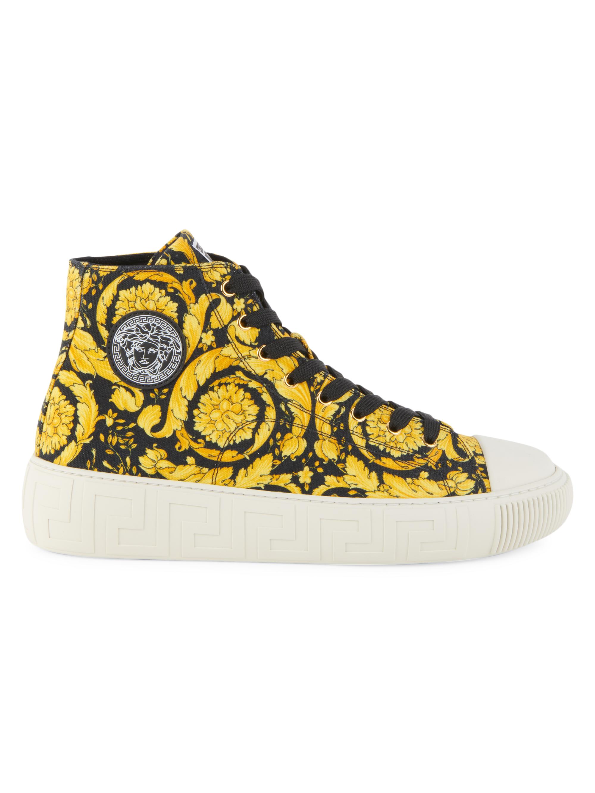 Versace Men's La Greca Baroque-Print Canvas Sneakers - Nero Oro Nero Oro Size