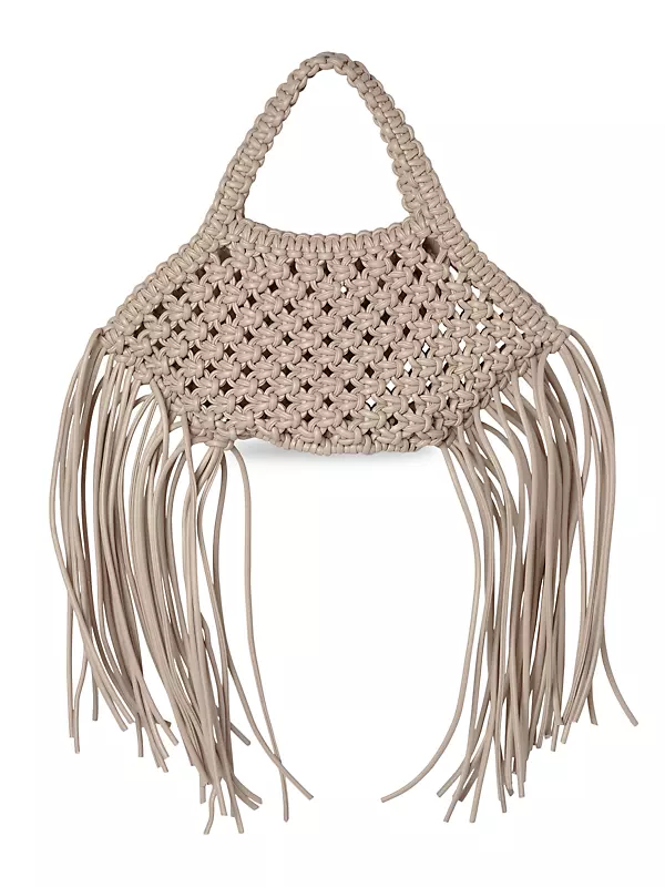 Mini Fringe-Trimmed Macramé Vegan Leather Basket Bag