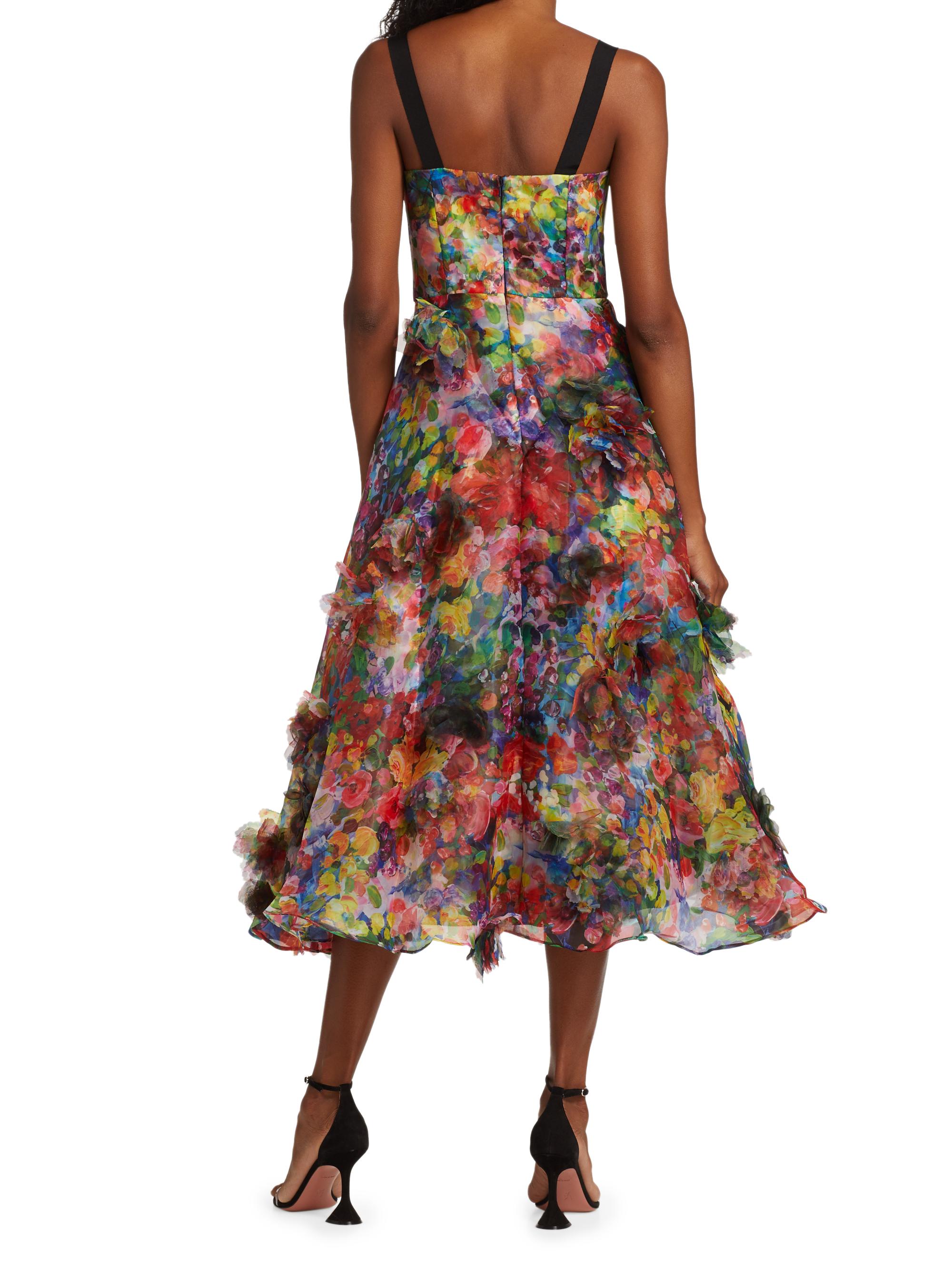 Marchesa Notte Organza 3D Appliqud Tea-Length Gown | Saks Fifth Avenue