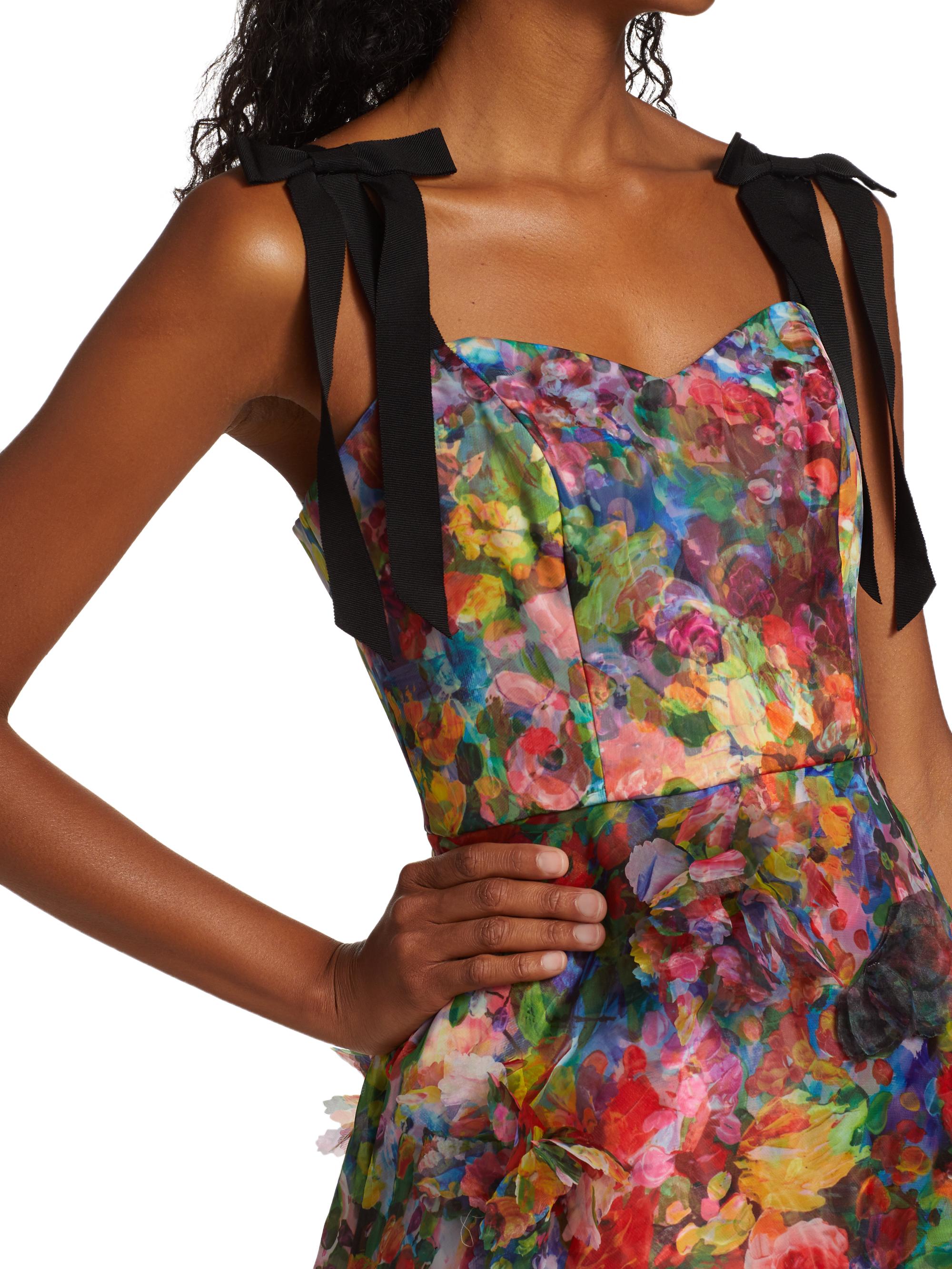 Marchesa Notte Organza 3D Appliqud Tea-Length Gown | Saks Fifth Avenue